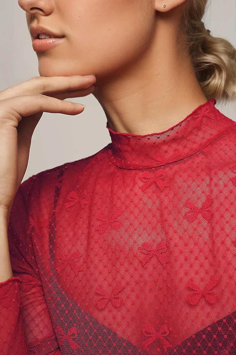 Lace Long Sleeve Tops for Women Mock Neck Sexy See Through Sheer Top Mesh Lace Undershirt Blouse Going Out Tops - Image 4