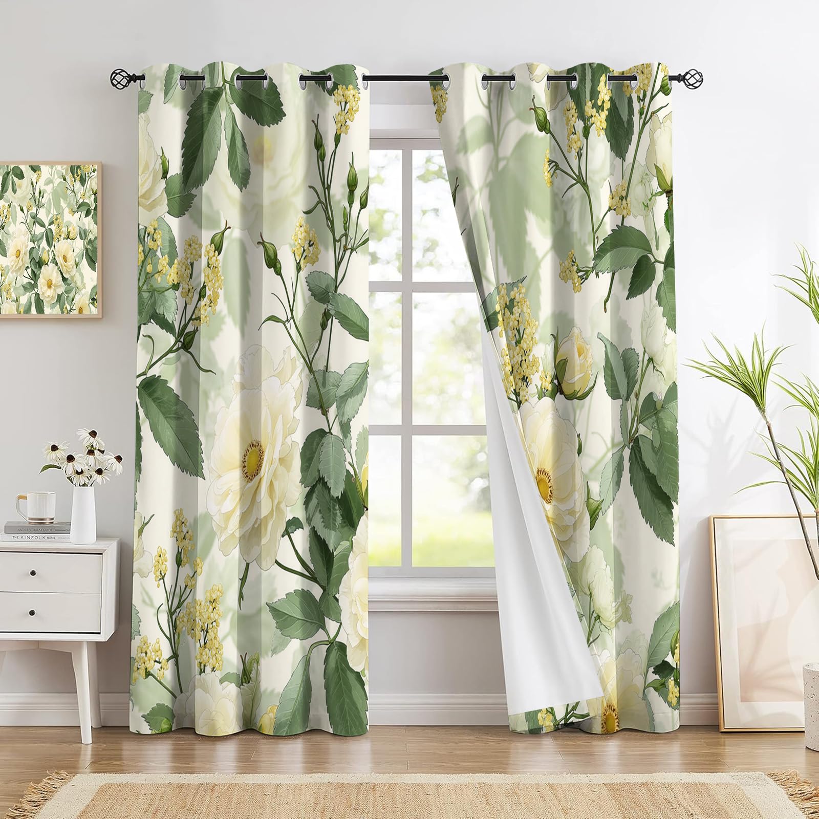 Rideaux motif rose blanche style champêtre pour salon et chambre