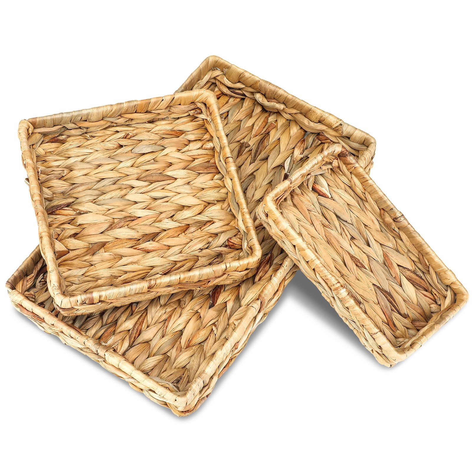 Yoande 3 Pack Wicker Tray Rectangular Baskets Seagrass Serving Tray Rustic Woven Seagrass Wicker Serving Basket for Tea Vegetable Home Bathroom Kitchen, 1 Large 1 Medium 1 Small, Brown