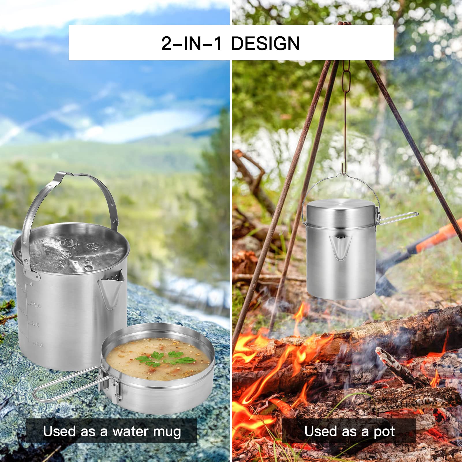 Lixada Taza de Agua de Acero Inoxidable con Asas Plegables y Tapa para Acampar Senderismo mochilero al Aire Libre