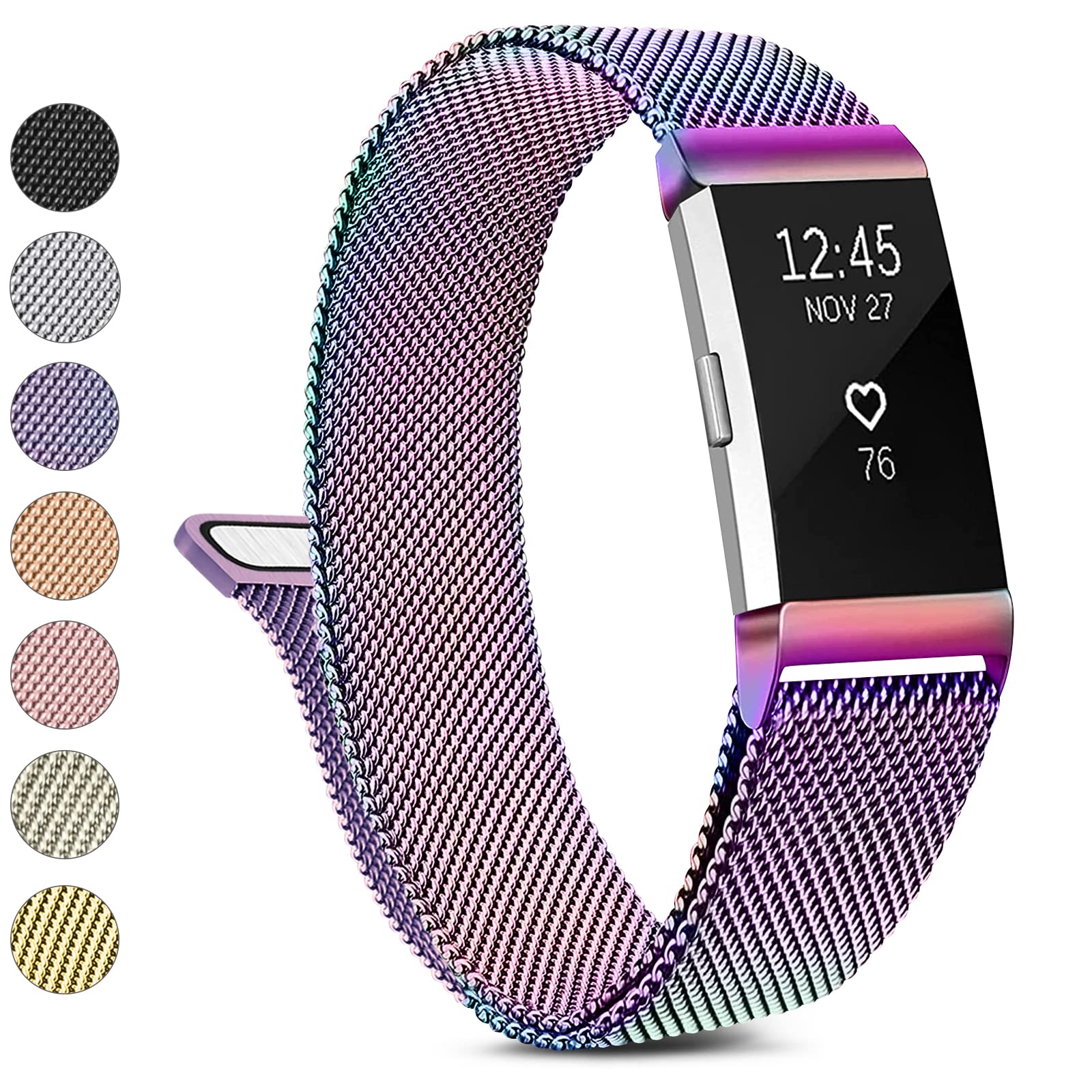 Metal Bracelet Compatible with Fitbit Charge 2 Wristbands, Women and Men, Stainless Steel Mesh Loop Adjustable Wristband Replacement Wristband for Fitbit Charge 2, Colourful, Large, mesh — image 1