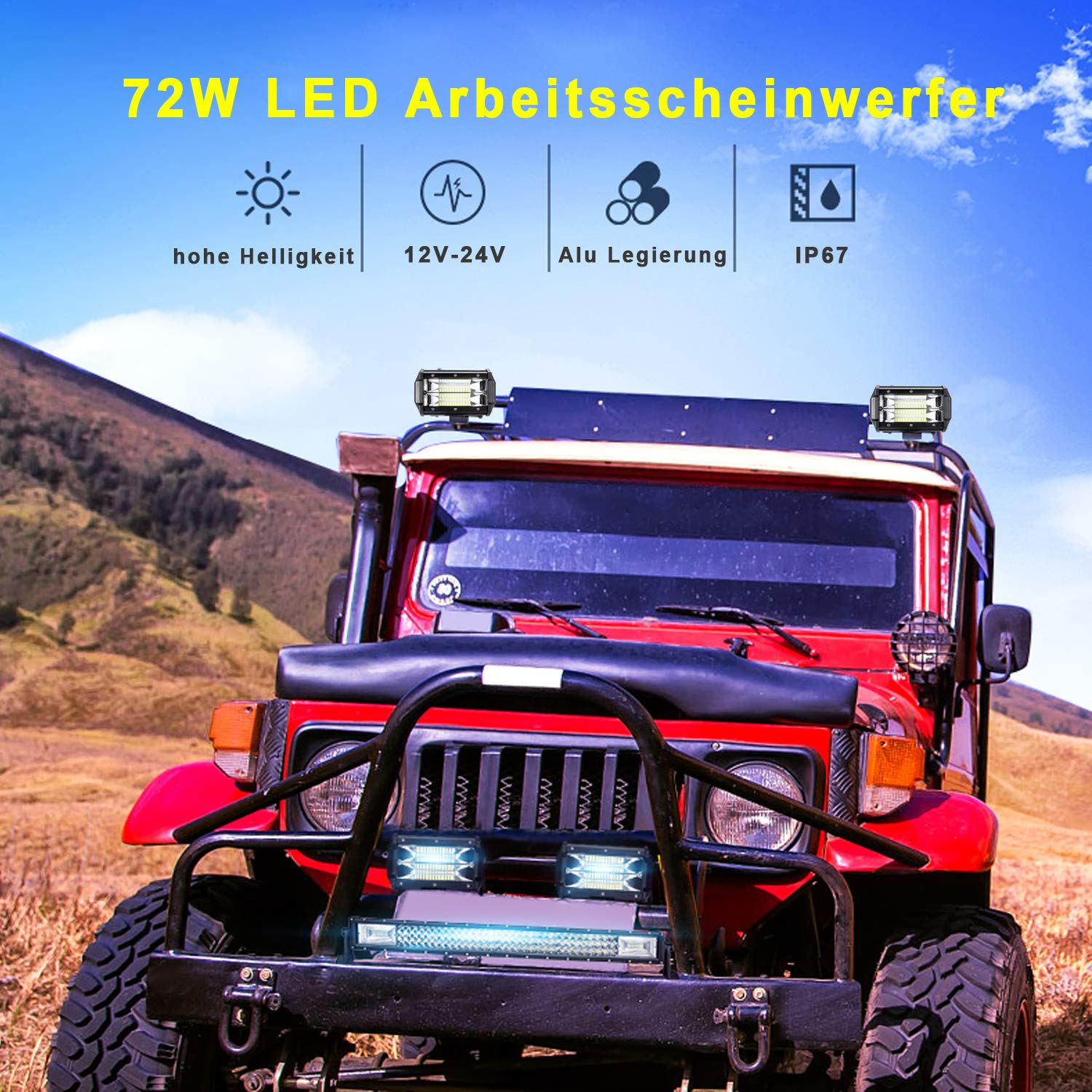 Aufun LED Arbeitsscheinwerfer 72W LED Zusatzscheinwerfer Offroad Scheinwerfer 21600LM 10-30V 6000K Arbeitslicht Wasserdicht IP67 (4 x 72W)