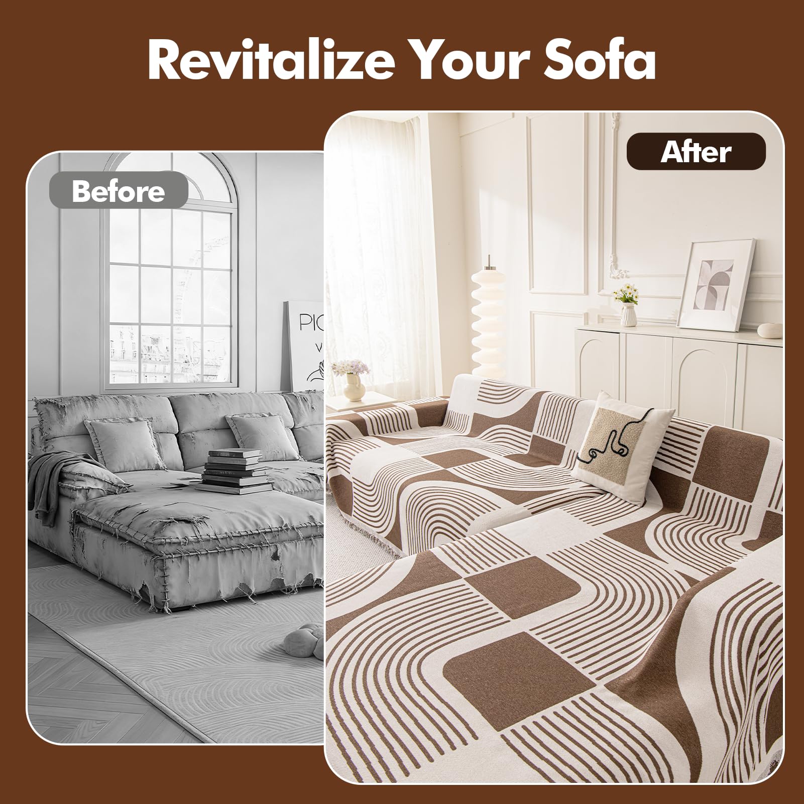 WEYOND Sofa überzug für L-Form Sofas, 180 x 300 cm + 180 x 340 cm, Kaffee | Chenille Sofa Überwurf, Waschbare Bohemian Couch Überzug, Sofaschutz Hund mit Recamiere-Bezug für Ecksofas