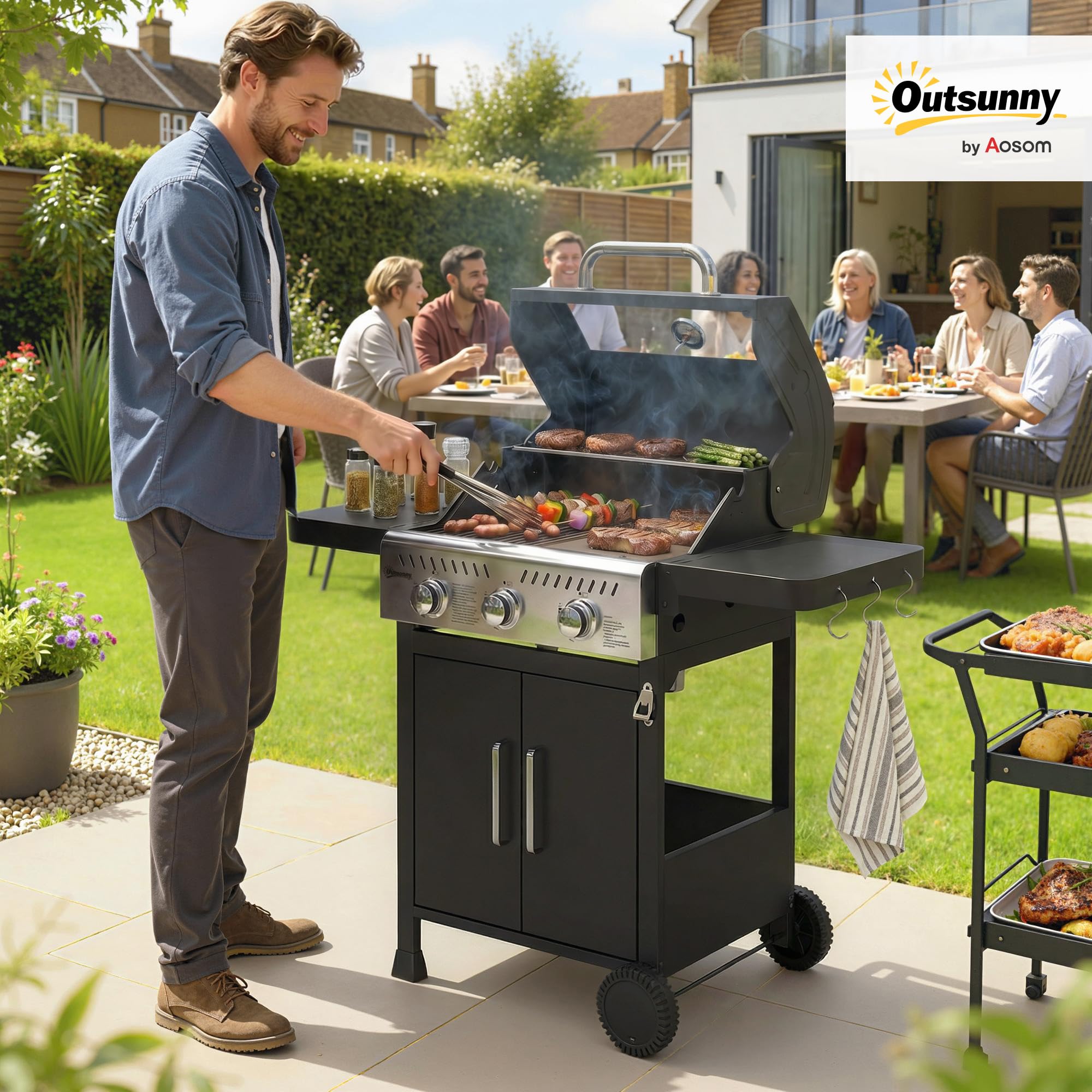 Outsunny Barbacoa de Gas BBQ Gas Portátil 3 Quemadores 7,5 kW Termómetro | Mesas Laterales Plegables, Rejilla Calentadora, Parrilla Plancha, Tapa con Ventana, Recogedor y Recipiente Grasa