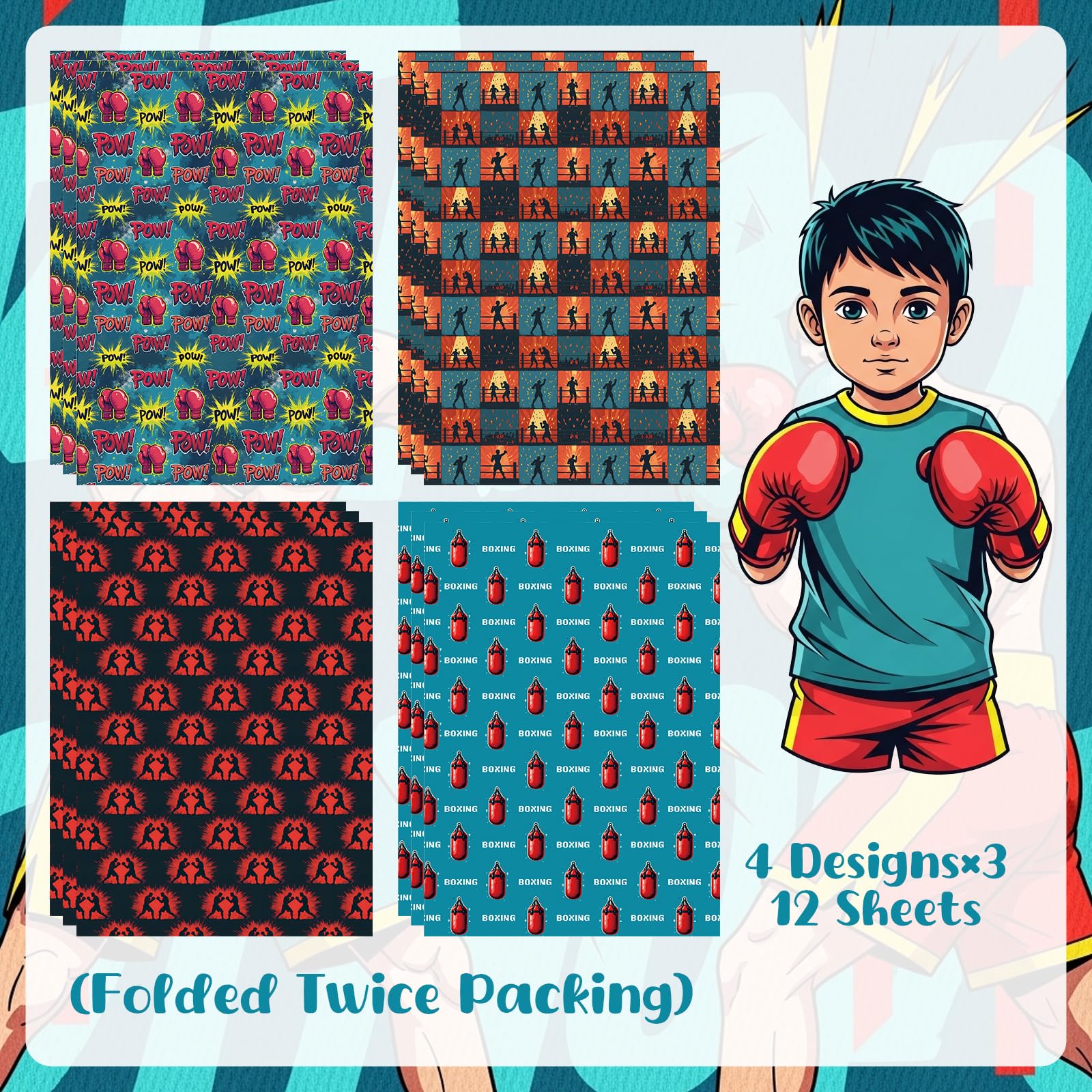 Pineraap Boxing Wrapping Paper 12 Sheets Punching Bag Designs Gift Wrap Gaming Gift Wrapping Paper for Boxing Fans, Boxers, Fighters, Coaches, 20"×28"