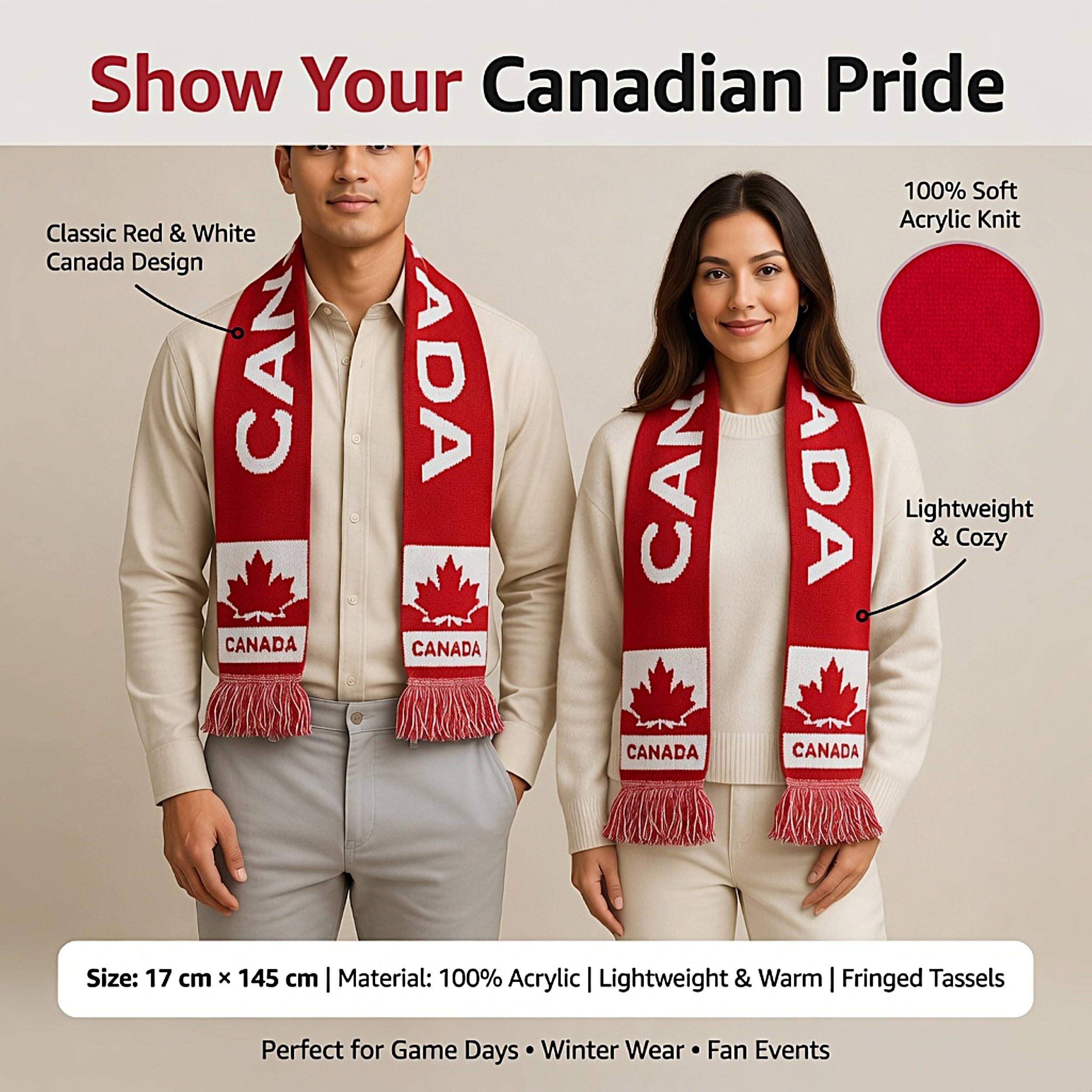 Canada Fan Scarf – Red & White Acrylic Maple Leaf Scarf for Hockey, Soccer & FIFA World Cup 2026 | Canada Day Stadium Fan Scarf, Warm Winter Sports Accessory — view 2