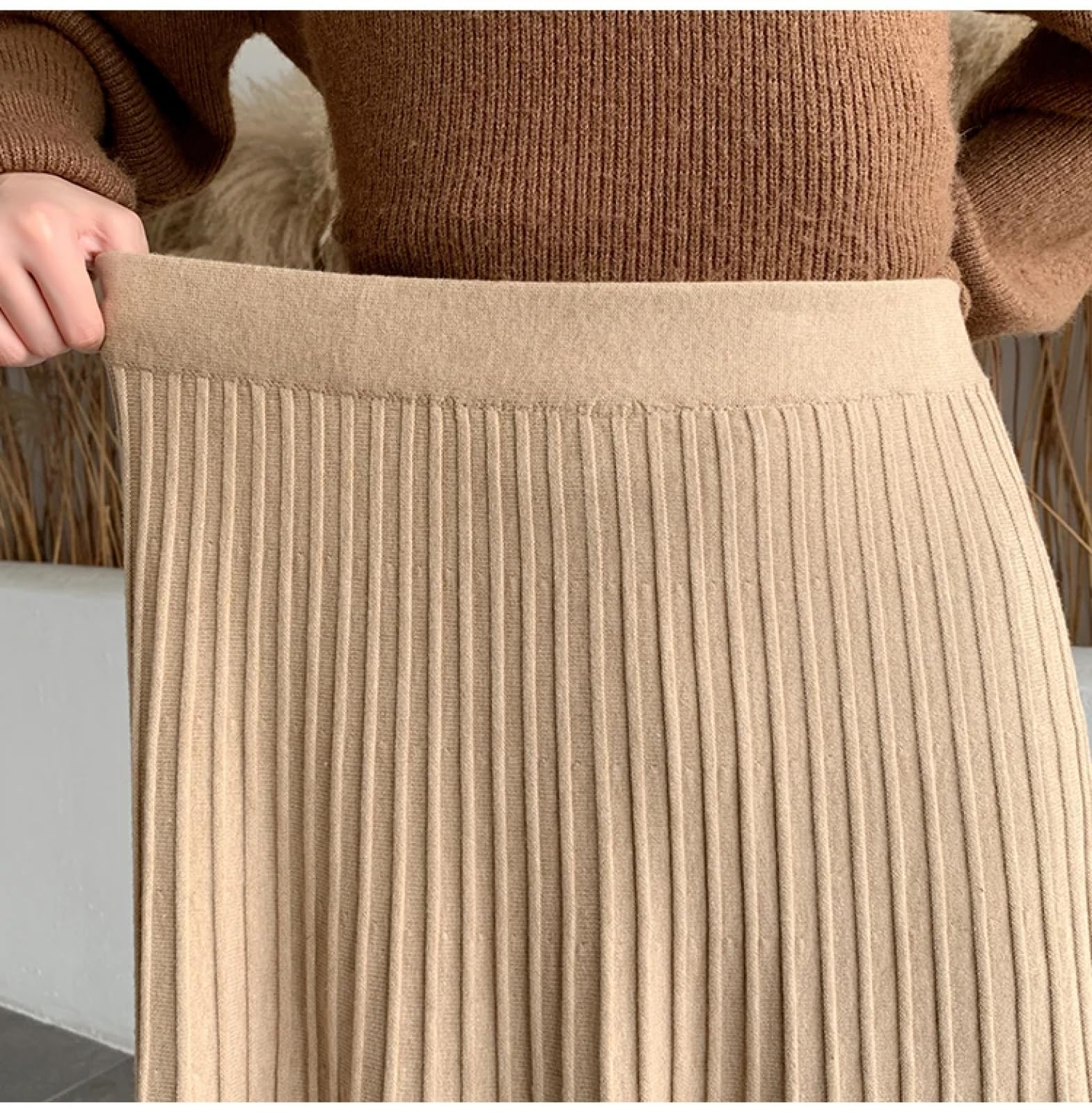 OLEETS Strickrock Für Damen - Winter Stricken Langen Rock Frauen Casual Einfarbig Dicke Warme Hohe Taille A-Linie Rock Warme Mode Streetwear Für Party Büro