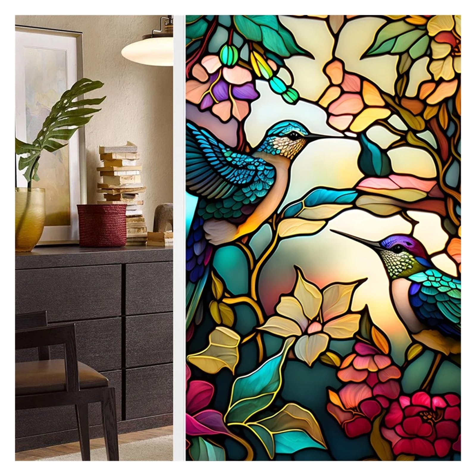 Vinilos para Ventanas Retro Pegatinas electrostáticas de PVC for Vidrio Esmerilado, Coloridas, con diseño Flores y pájaros Retro para Sala de Estar(Color 24)