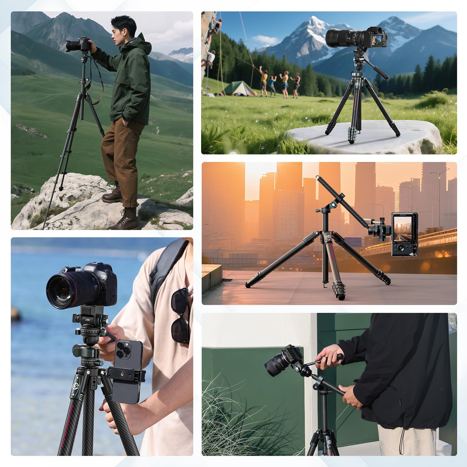 Ulanzi JJ06 GlideGo Treppiede da viaggio in Fibra di Carbonio, Pan&-50°/+60° Tilt Pan, Pesa 1.76kg, Portata 18kg, Altezza 187cm, Uka quick release, Compatto cavalletto fotografico per DSLR/Mirrorless