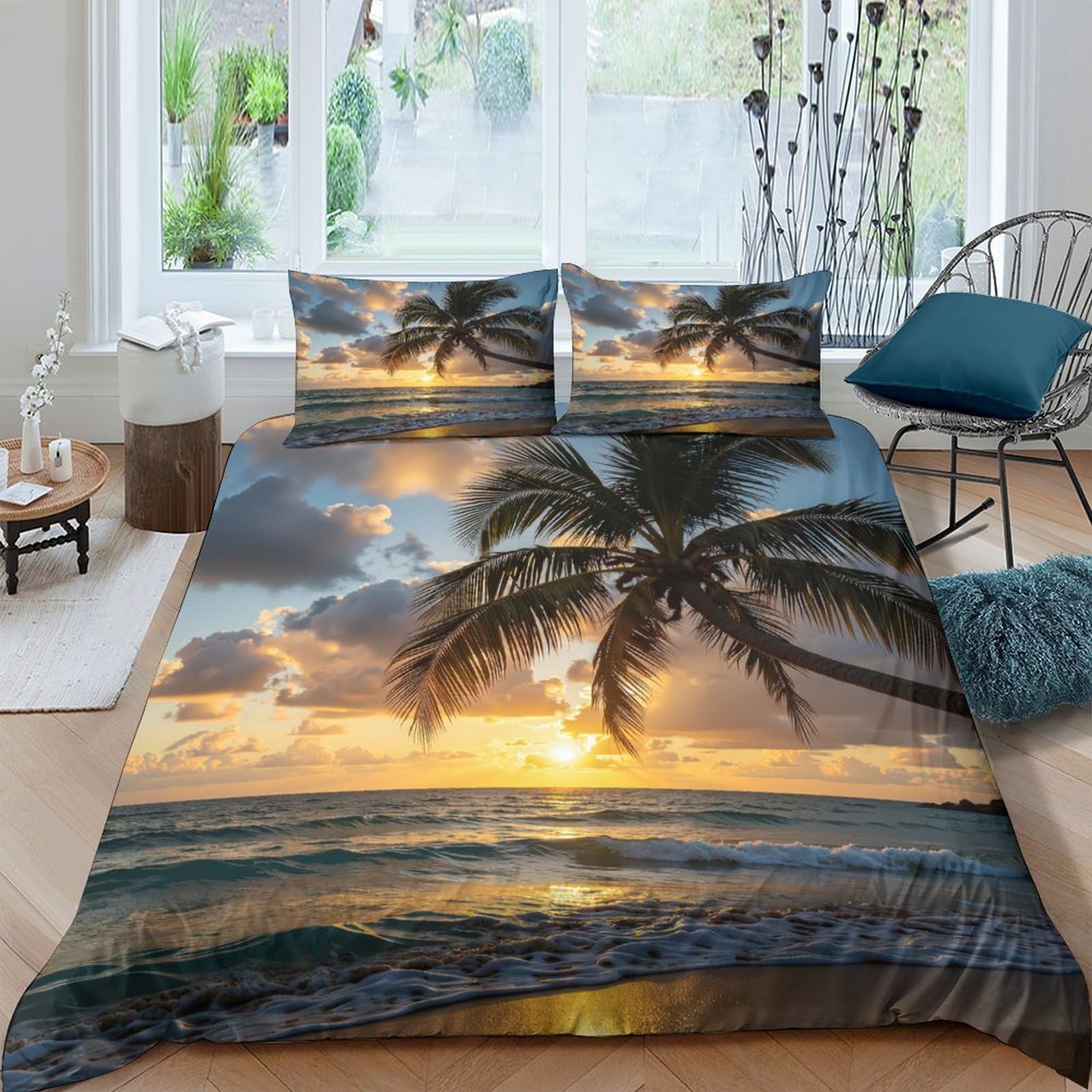 Housse de couette coucher de soleil plage tropicale 200x200 parure lit ado