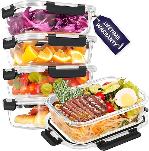 Vista 7 de HOTEC Recipiente de vidrio de almacenamiento de alimentos de 35 onzas, recipientes herméticos de vidrio para almuerzo y frutas con tapas, apto