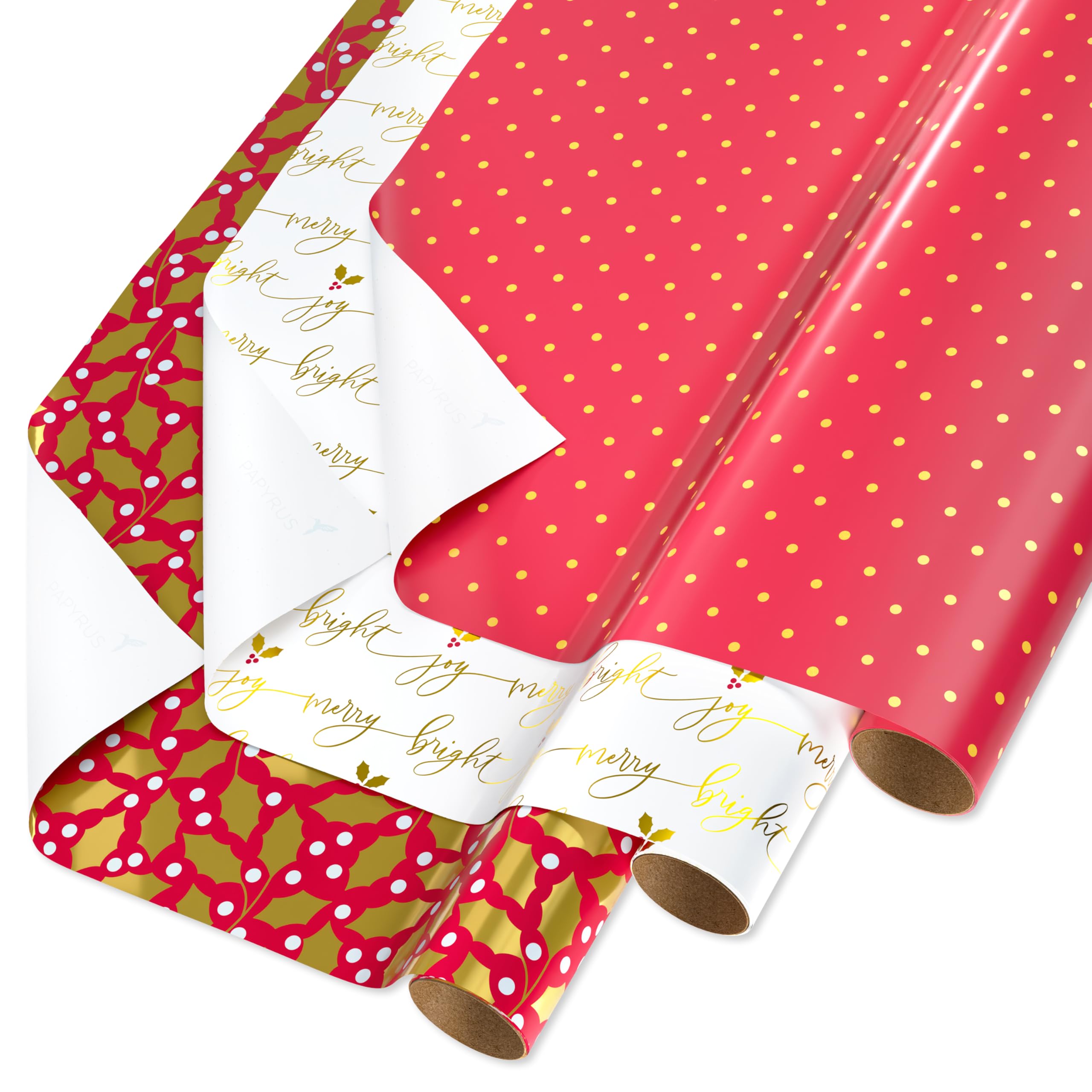 Papyrus Rouleaux de papier cadeau de Noël, verdure, lettrage et pois (3 rouleaux, 2,5 m²)