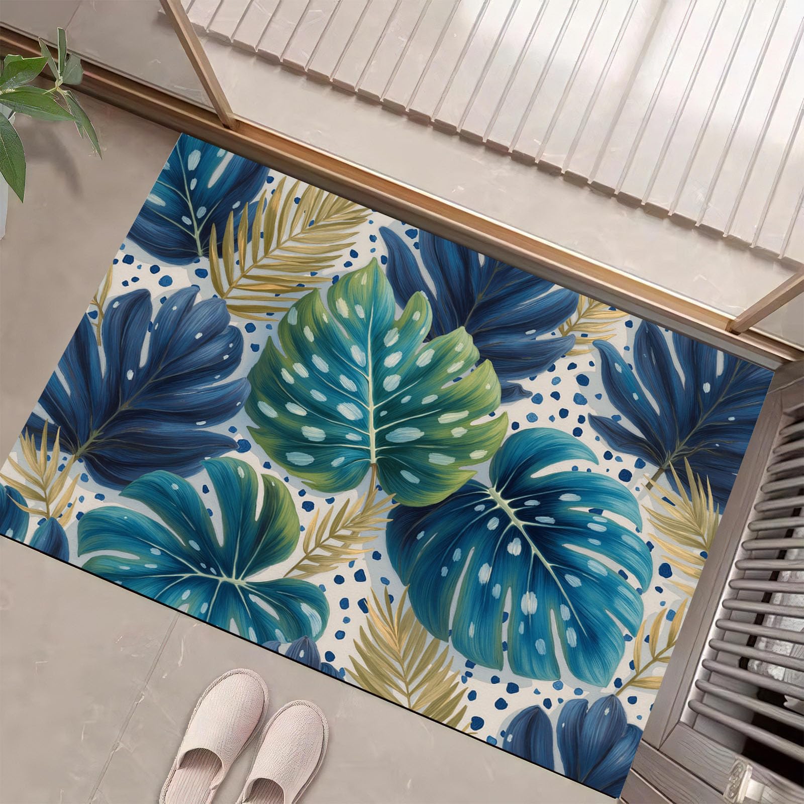 Tapis de porte avant intérieur lavable motif feuille de monstera bleu 80 x 120 cm