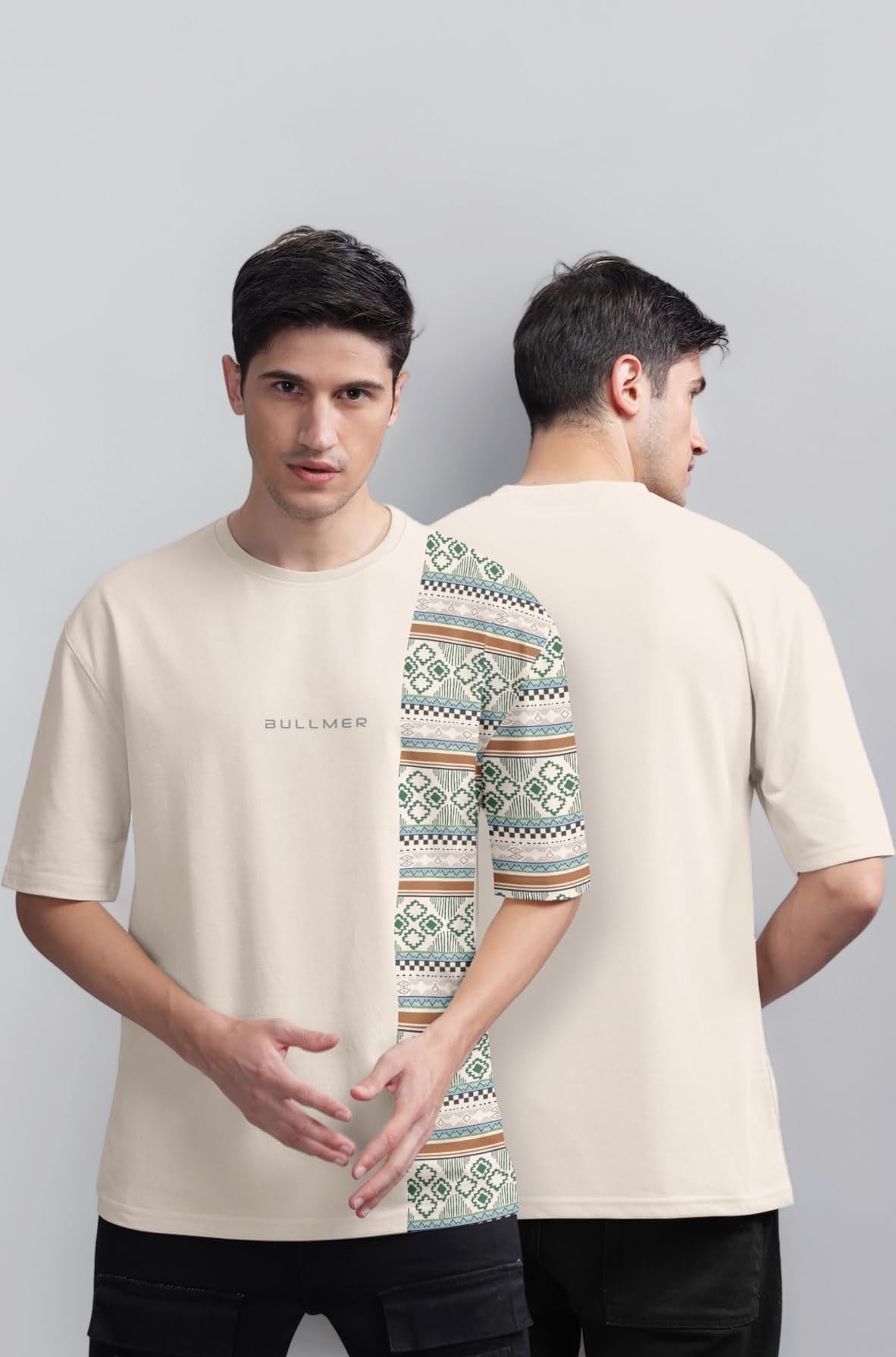 Beige Front and Back Printed/Colourblock Baggy/Oversized Tshirt for Men