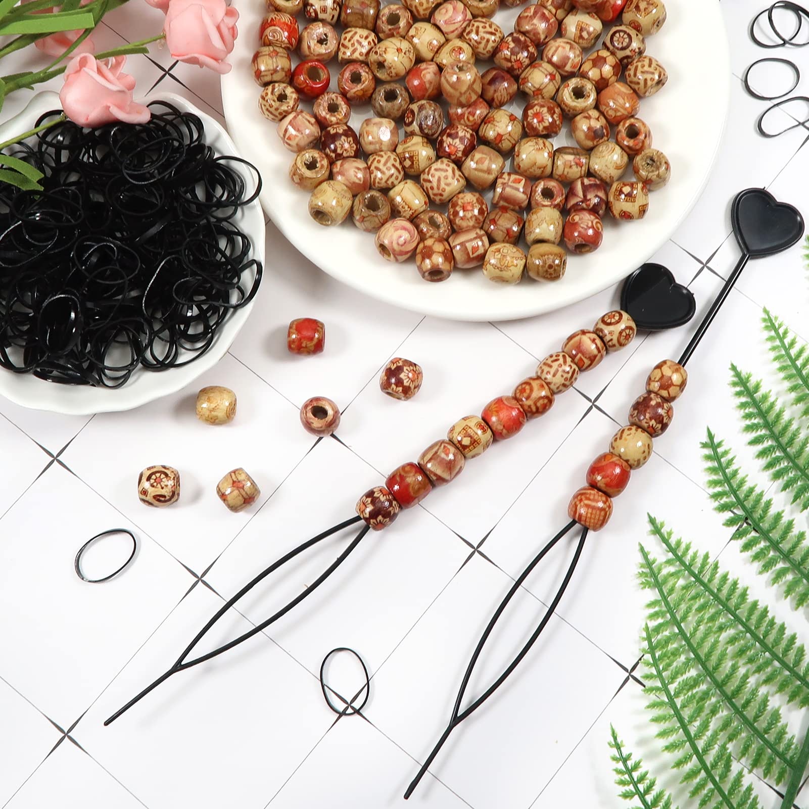 TOAOB 702pcs Wooden Hair Beads Set Including 200pcs Different Drawing Styles Barrel Wood Beads and 500pcs Black Elastic Rubber Bands with 2pcs Quick Beader for DIY Jewelry Making Hair Accessories - Image 4
