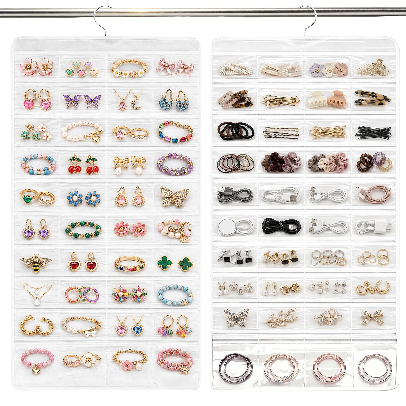 80 Pocket Hanging Jewellery Organiser, Double Sided Travel Jewelry Storage Roll with 360 Rotating Hook, Clear PVC Earring Necklace Rings Holder Bag for Wardrobe Closet Door Wall Mounted Space Saving