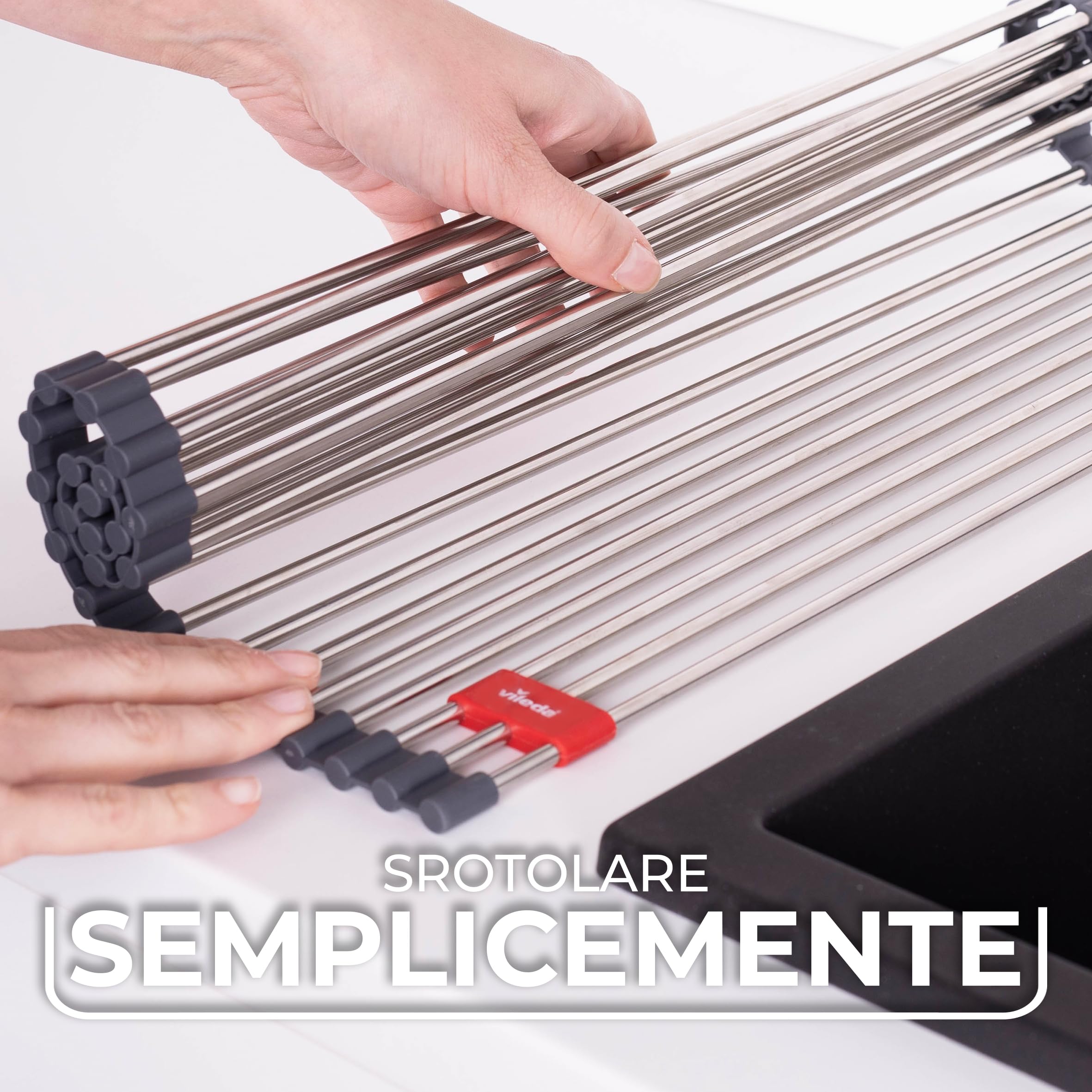Vileda Scolapiatti Arrotolabile per Lavello 45x40cm in Acciaio Inox e TPE - 24 Barre, arrotolabile - Scolapiatti e Coprilavello - Scolapiatti Pieghevole - Griglia per Lavandino Cucina