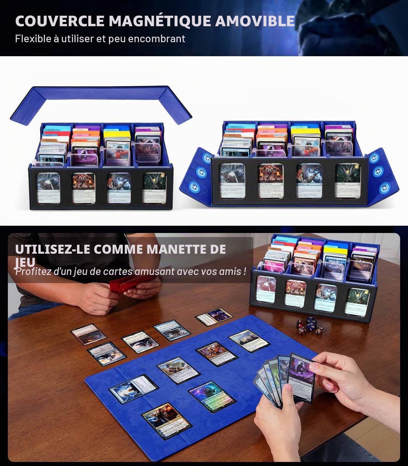 MoKo Boîte de Rangement pour Cartes à Collectionner, 3000+ Cartes MTG avec 24 Séparateurs & 4 Supports de Carte, Étui de Cartes avec Fenêtre d'Affichage pour Carte de Jeu Magiques, YugiOh, Noir+Bleu