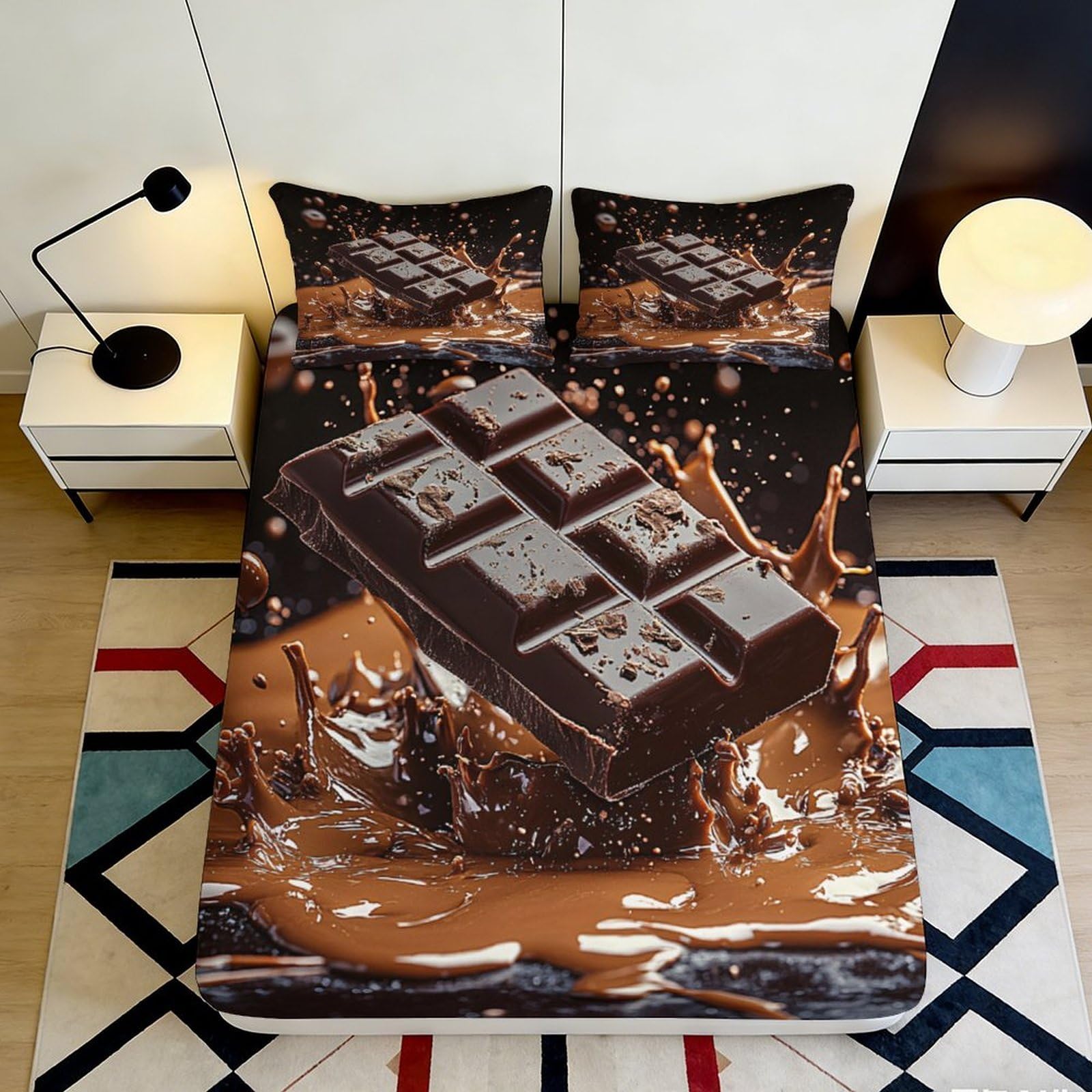 3D Printed Chocolate Splash Fitted Sheet Microfiber Soft Artistic Bed Cover for Home Bedroom Guest Room Decor 90x200x25cm