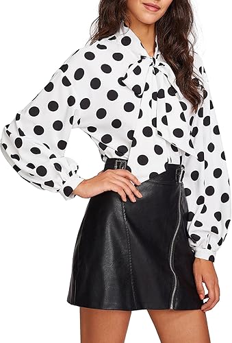 Floerns - Blusa a lunares para mujer, de manga larga estilo linterna, cuello estilo corbatín