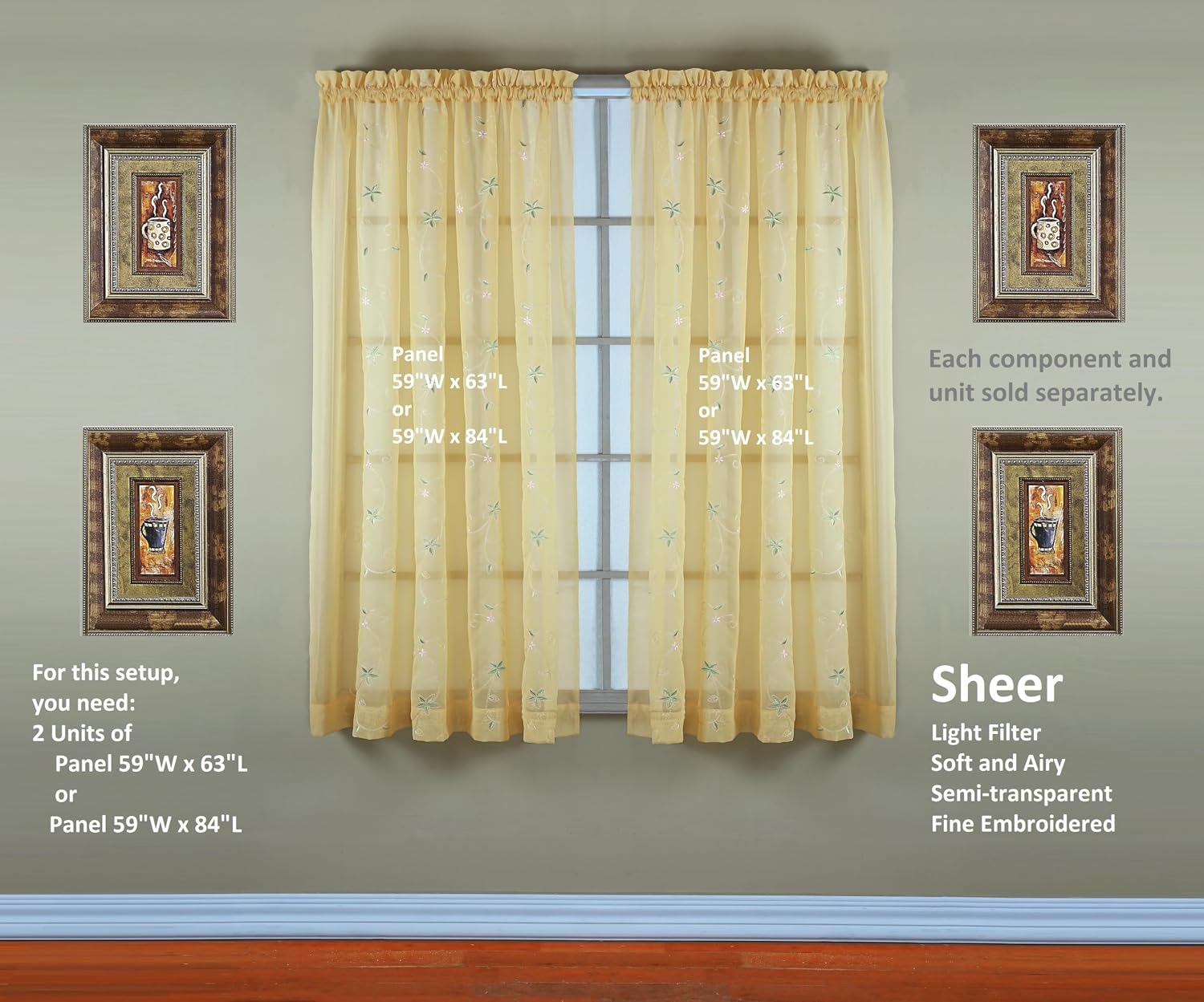 Today's Curtain, Emelia Embroidery Sheer Panel 63", Gold, 59" W x 63" L