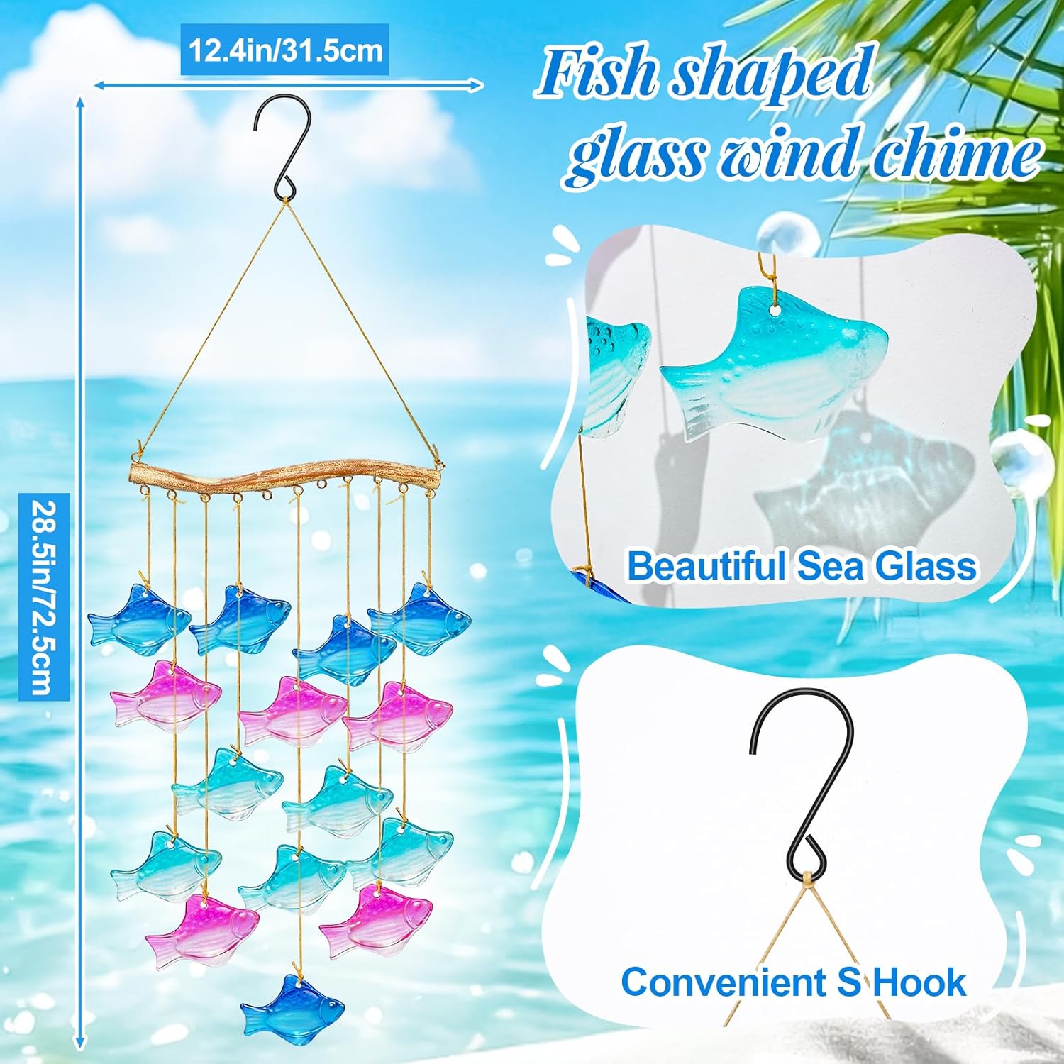 28.5" Blue Glass Sea Wind Chimes for Outdoor, Handcrafted Fish Wind Chimes for Outside, Small Unique Suncatcher Hanging Windchimes for Garden Patio Yard Beach Party Wedding Decor Women Gift