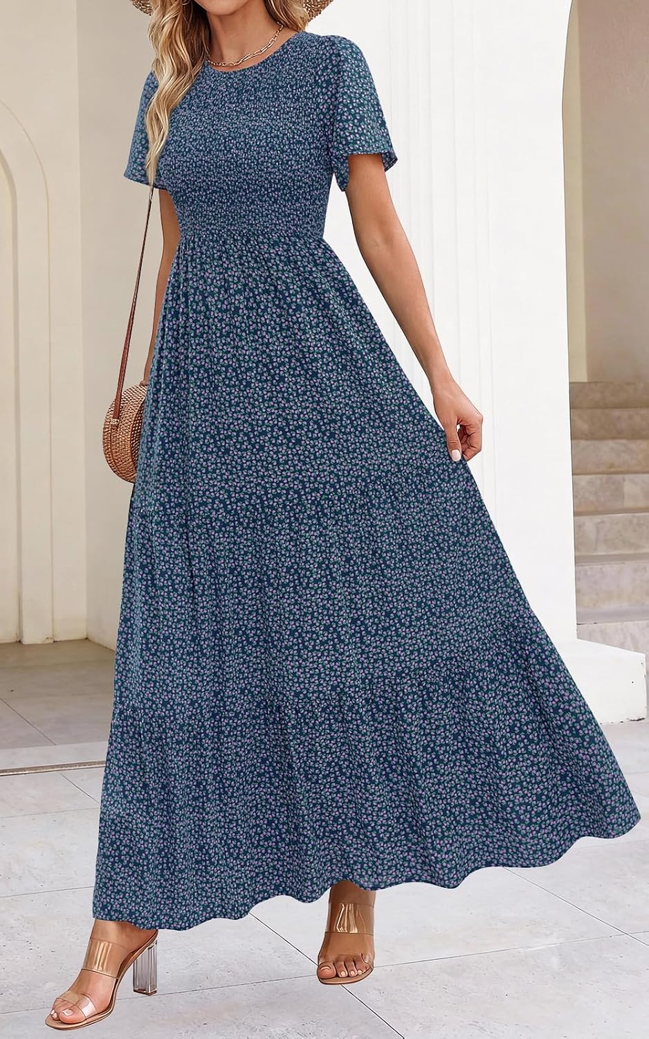 PRETTYGARDEN Women's 2026 Summer Casual Flutter Short Sleeve Boho Floral Maxi Dress Crew Neck Smocked Tiered Long Dresses