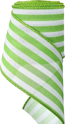 TONIFUL Cinta con alambre de arpillera a rayas verdes y blancas de 2.5 pulgadas, cinta con alambre de primavera de verano para envolver regalos,