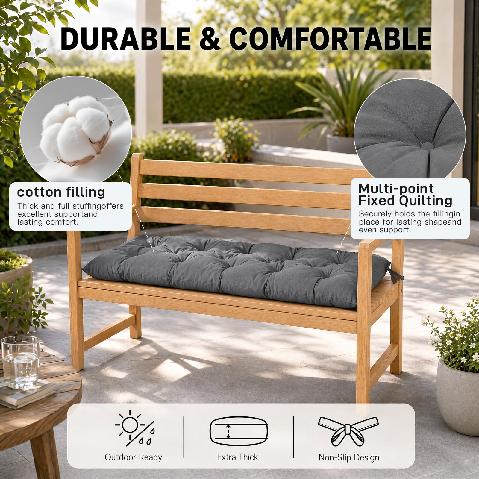 Cuscino per Panca e Sedia, per Esterni e Interni, per Dondolo da Giardino Hollywood, Sedile per Panca da Giardino, Impermeabile, per Sedia a Dondolo, Sedia a Dondolo e Pallet (Grigio
