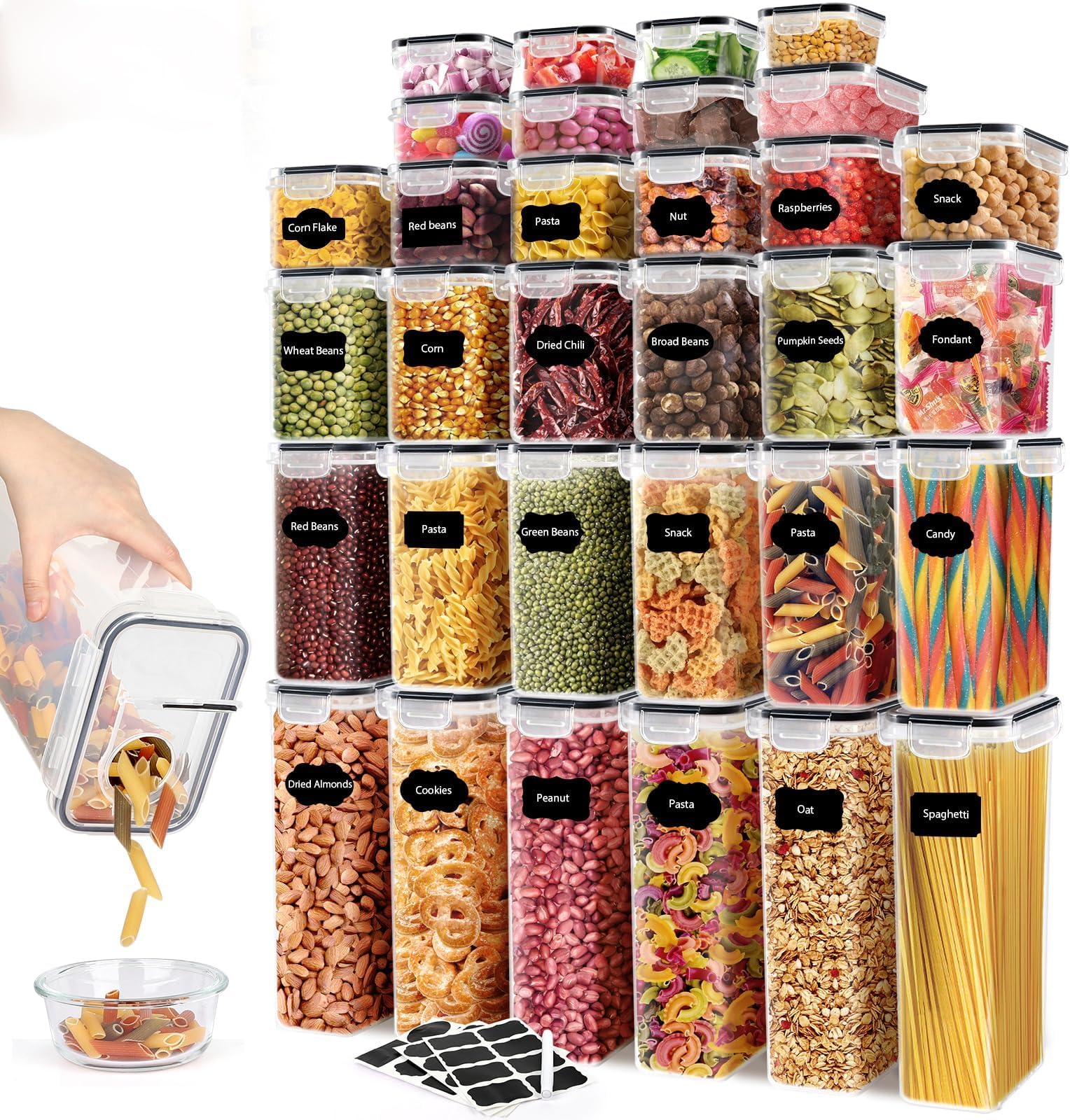 JUJOJB 64 PCS Airtight Food Storage Containers With Lids BPA Free,6 Pack With Pouring Spout Cereal Containers Storage for Kitchen Pantry Organization and Storage,Dishwasher safe,Labels Marker