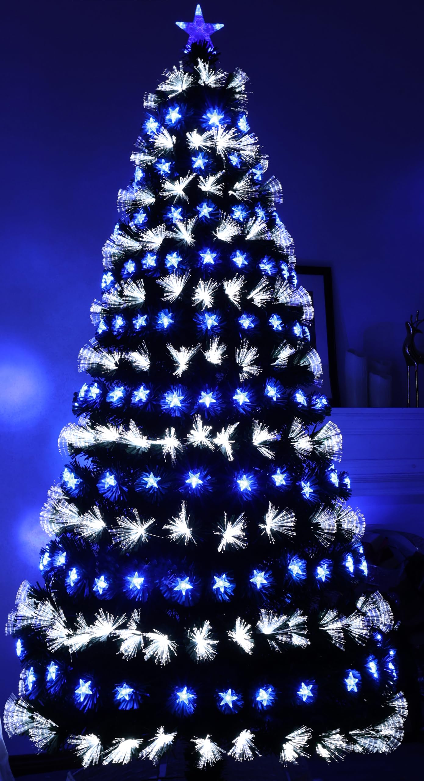 Asinse 4ft Fiber Optic Artificial Christmas Tree, 130 Blue&White LED Lights, Pre-Lit Xmas Tree with 70 Transparent Stars, Metal Stand (4FT/120CM, Type 3)