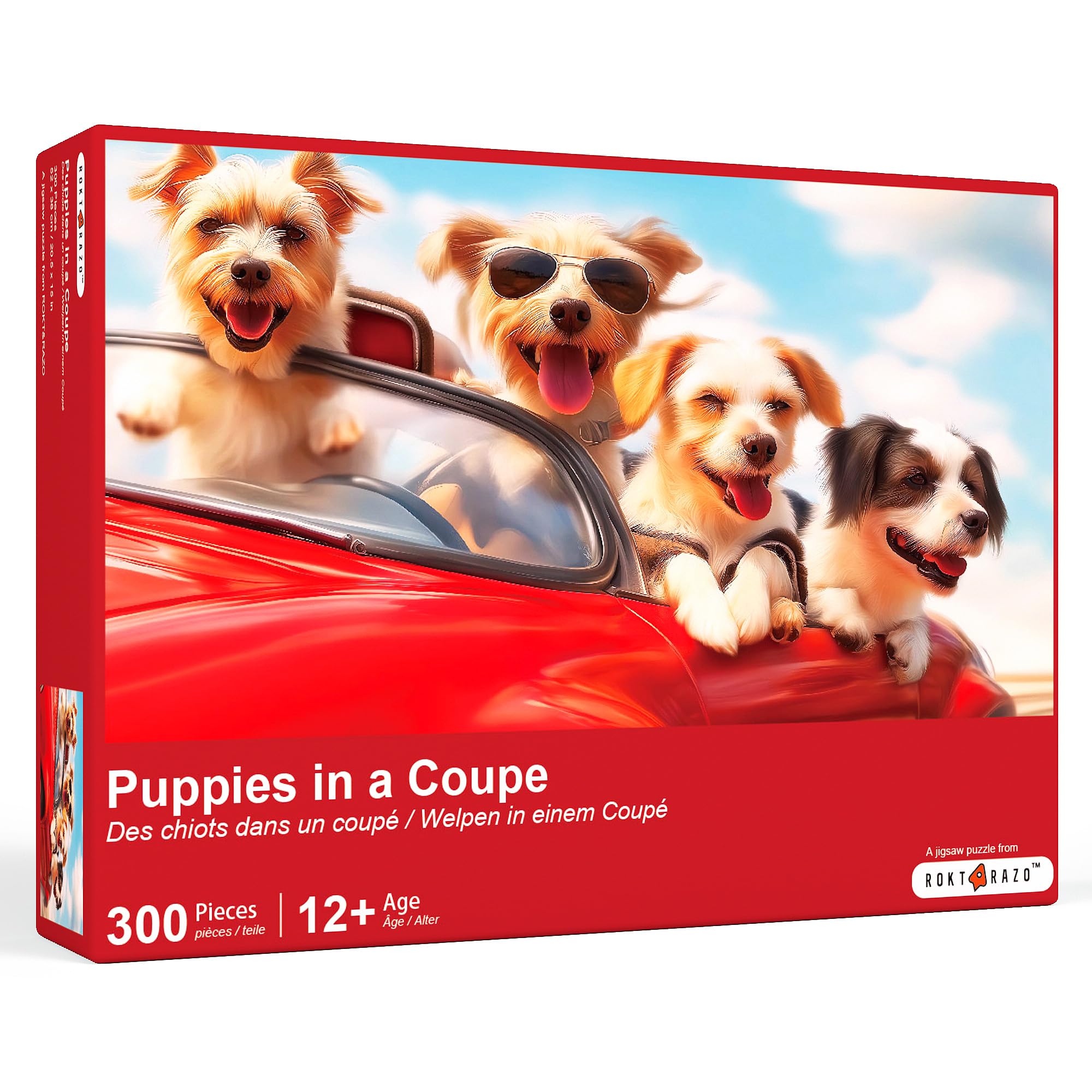 rokt&razo, Puppies in a Coupe, 300 Pieces Jigsaw Puzzles, Moderate Challenge, Family Game Nights, Finish Size 20.5 * 15.0 in