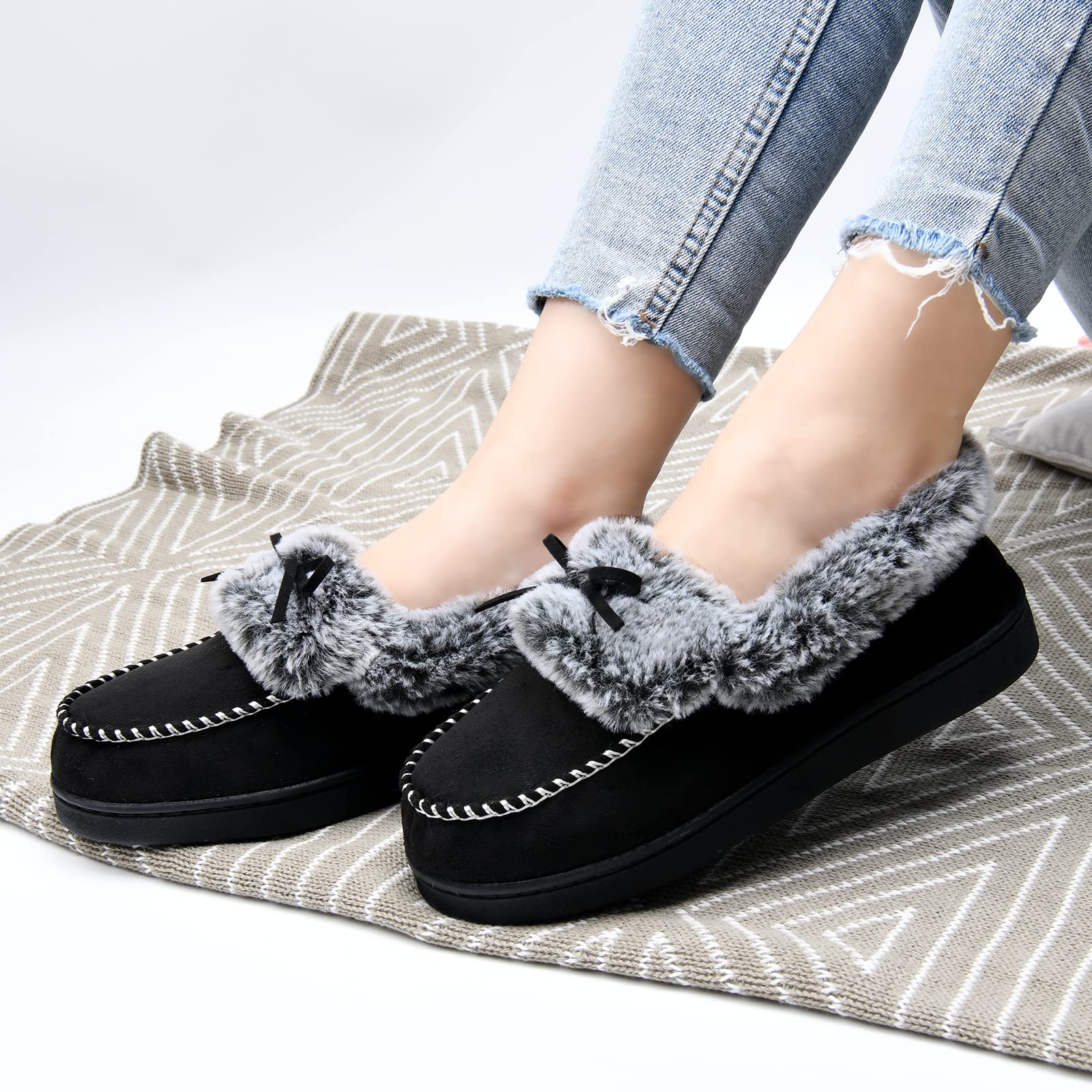 (Size 5) DL Womens Fuzzy Warm Moccasin Slippers Memory Foam, Soft Fluffy Women's Winter House Slippers Closed Back Fur Lined, Cozy Ladies Suede Indoor Bedroom Slippers Houseshoes Non-Slip