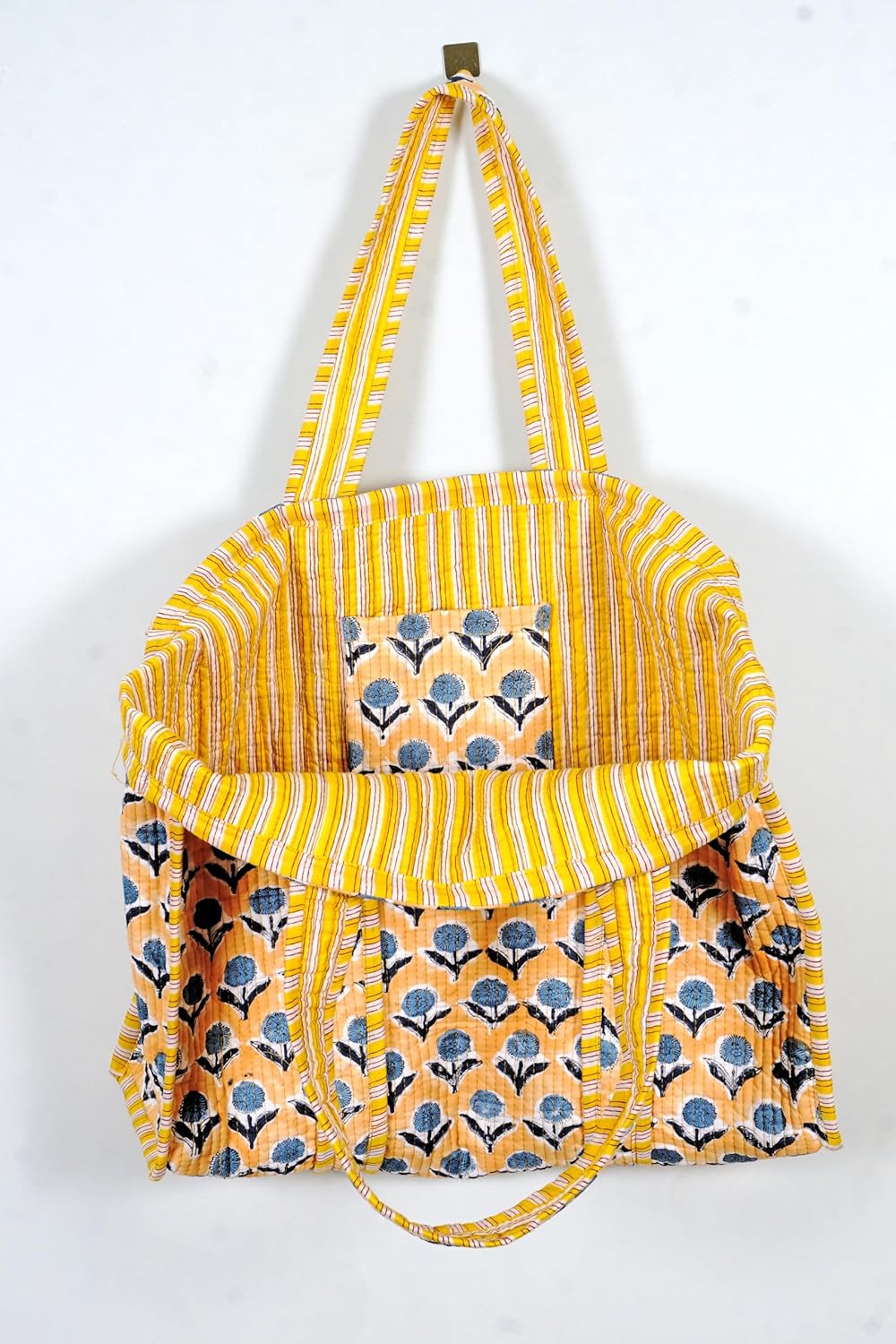 Quilted Cotton Handprinted Reversible Large multicolor Floral Tote Bag - Image 8