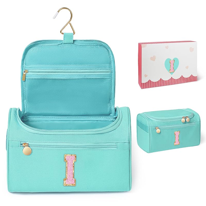 Necessaire suspensa de viagem COSHAYSOO em nylon azul-petróleo com letra I, gancho e zíperes dourados