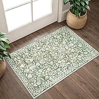 SILOLOOM Vintage Sage Green Beige Washable Entryway Rug 2x3 - Non-Slip Floral Area Rug, Super Soft Low Pile Door Mat for Kitchen Bedroom Office