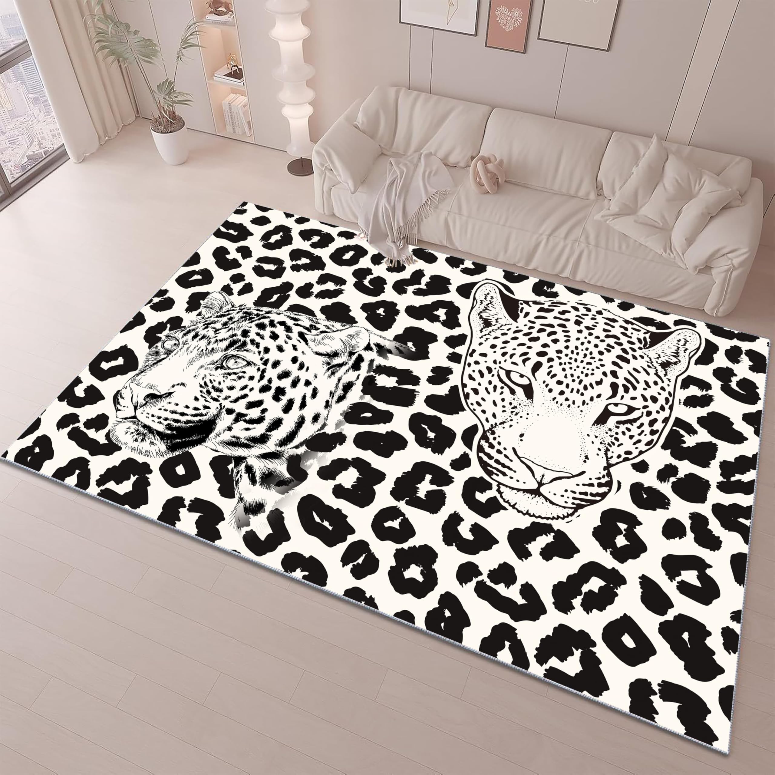 Washable Leopard head Area Rug, 140 x 200 cm Soft Non Slip Low Pile Animal Black White leopard print Indoor Rugs, Non-Shedding Abstract art style Floor mat for Living Room Bedroom Bedside Carpet