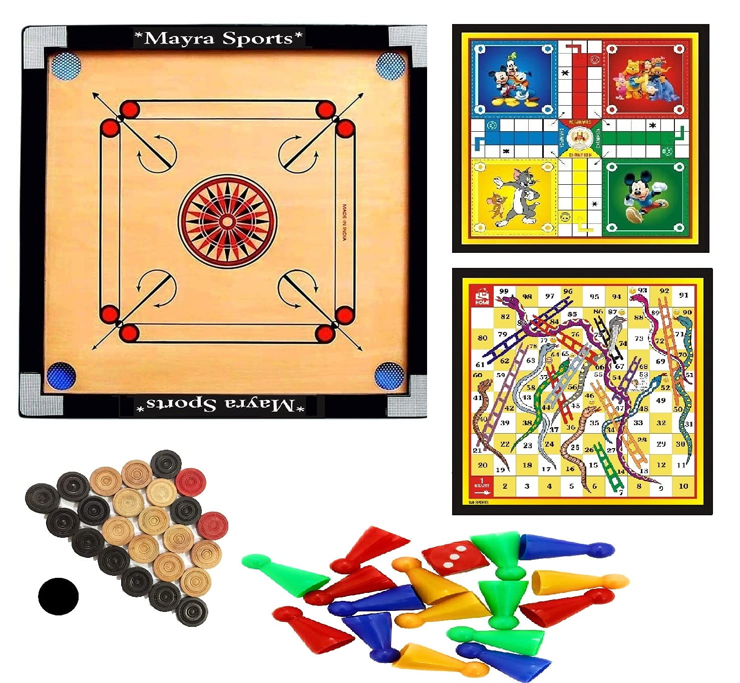 Mayra Sports® : Woodan 32 inch Carrom Board 3 in 1 Game (Carrom Full Size with Ludo & Snakes)