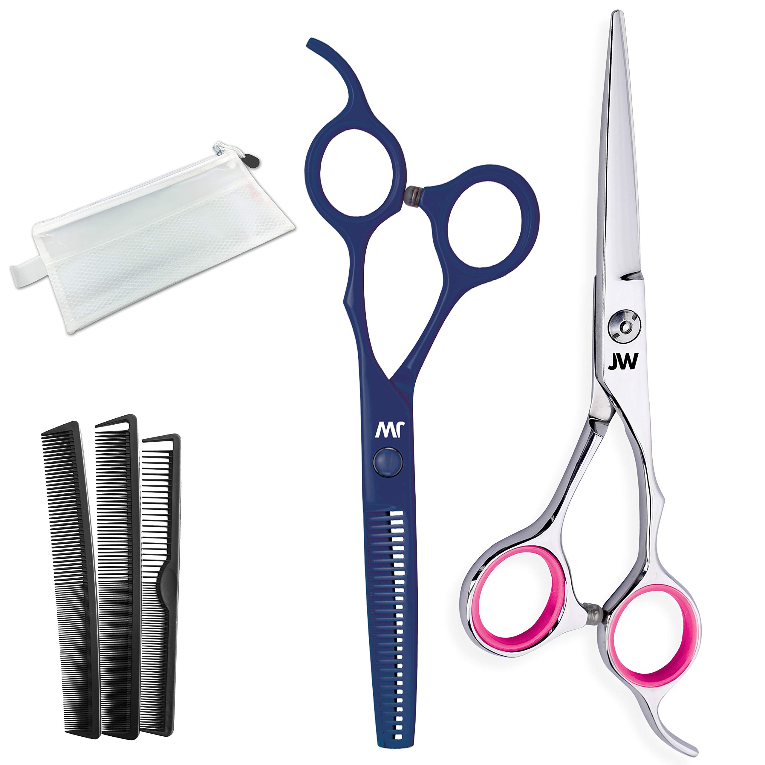 JW CRX Series - Barber Hair Cutting Scissors/Shears - with Fine Adjustment Tension Screw - Stainless Steel W/Thinner & Comb case