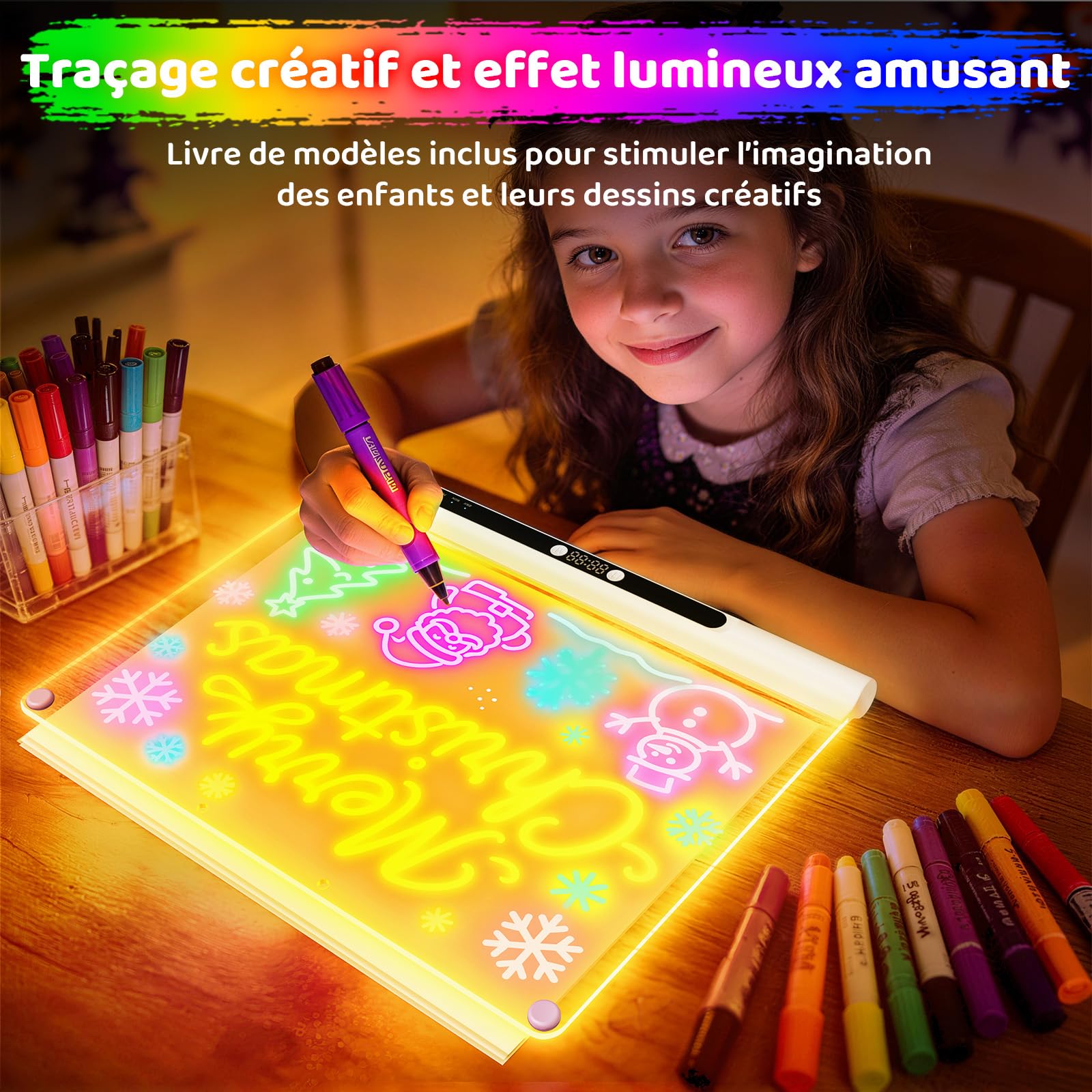 Tableau lumineux LED rechargeable 41 cm, 9 modes lumineux avec minuteur & support, tableau acrylique néon effaçable à sec, cadeau enfants/filles/ados, 6 feutres & livre de modèles, Blanc