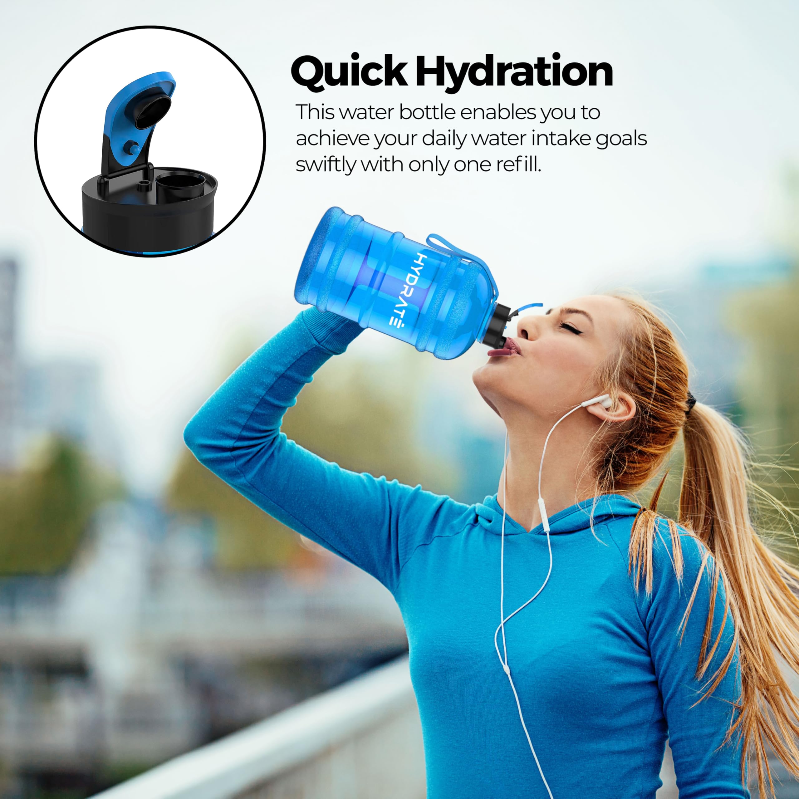 HYDRATE XL Butelka na wodę o pojemności 2,2 l, bez BPA, z zatyczką, szczelna, duża, na siłownię, dla dorosłych, przezroczysta, sportowa, bardzo mocny materiał, niebieska