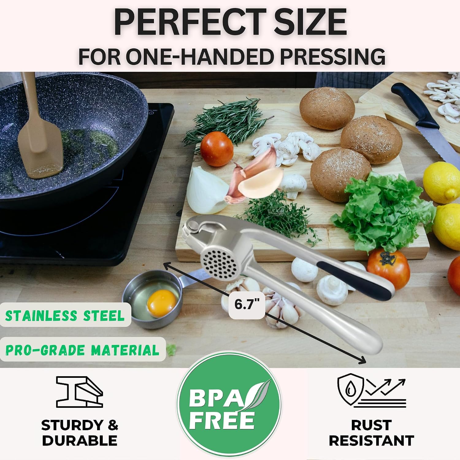 Premium Garlic Press Set - Easy to Squeeze Ergonomic Handle Garlic Crusher - Rust Proof & Dishwasher Safe Garlic Mincer Tool, Garlic Press Stainless Steel, Garlic Peeler & Brush (Elegant Silver) image 3