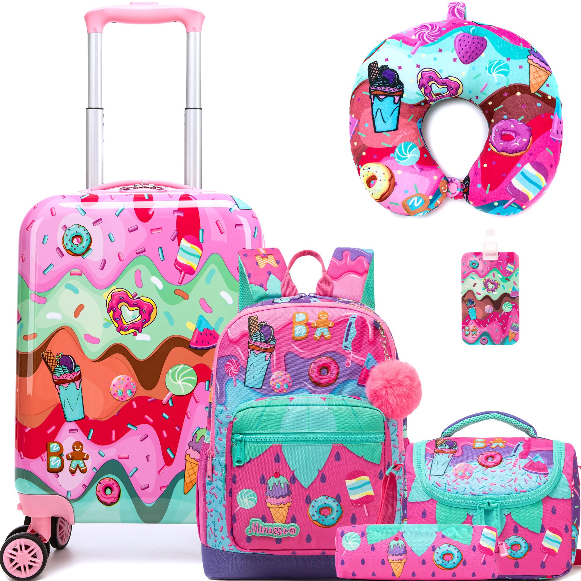 Cute Kid’s Luggage Set 5 Piece Suitcase Set 16’’ Hardside Luggage with Spinner Wheels Gir…