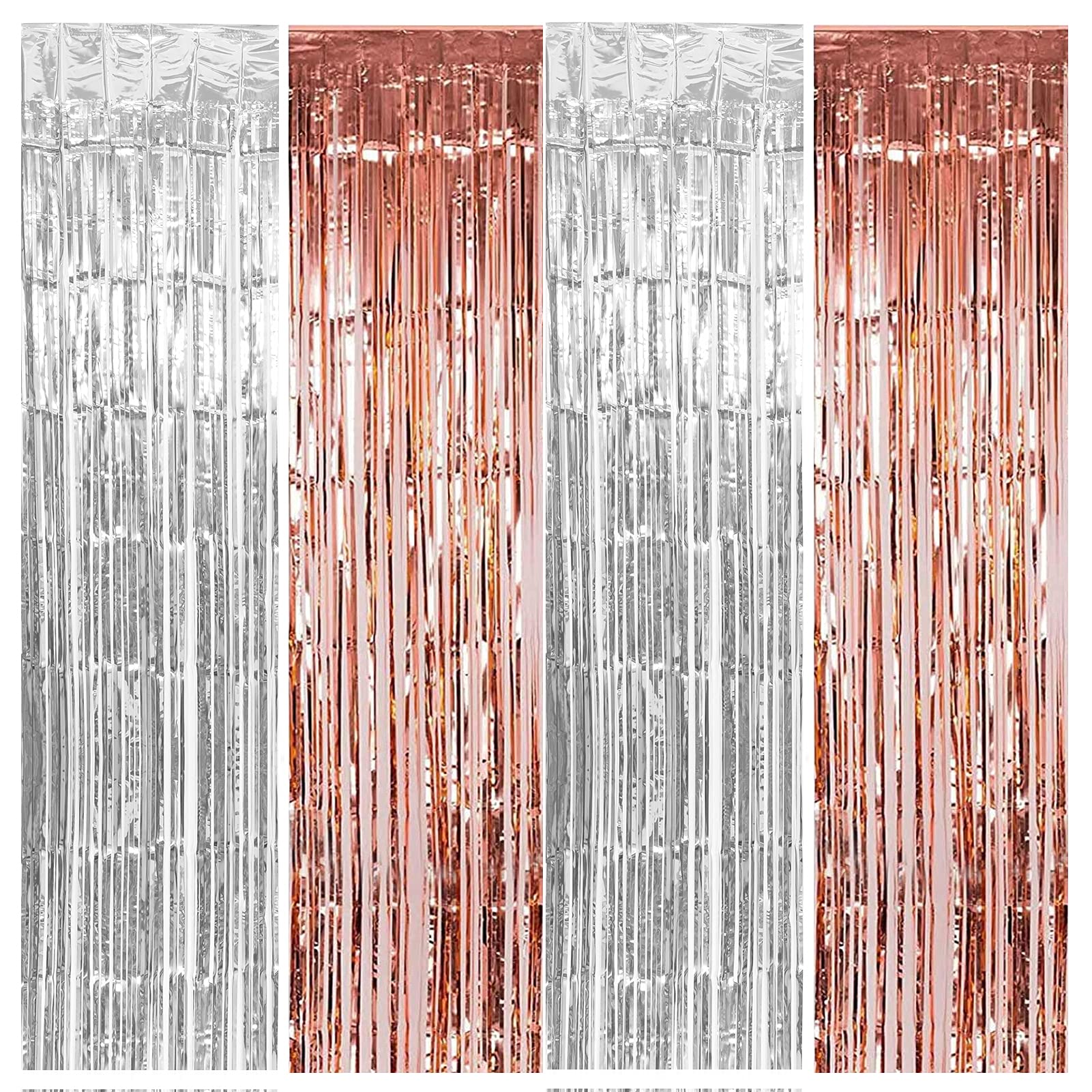 4 Packs Foil Fringe Curtains, 3.2 ft x 8.2 ft Metallic Tinsel Curtains with Adhesive, Photo Booth Backdrop for Birthday, Retirement, Graduation Party Decorations (4Pcs, Silver and Rose Gold)