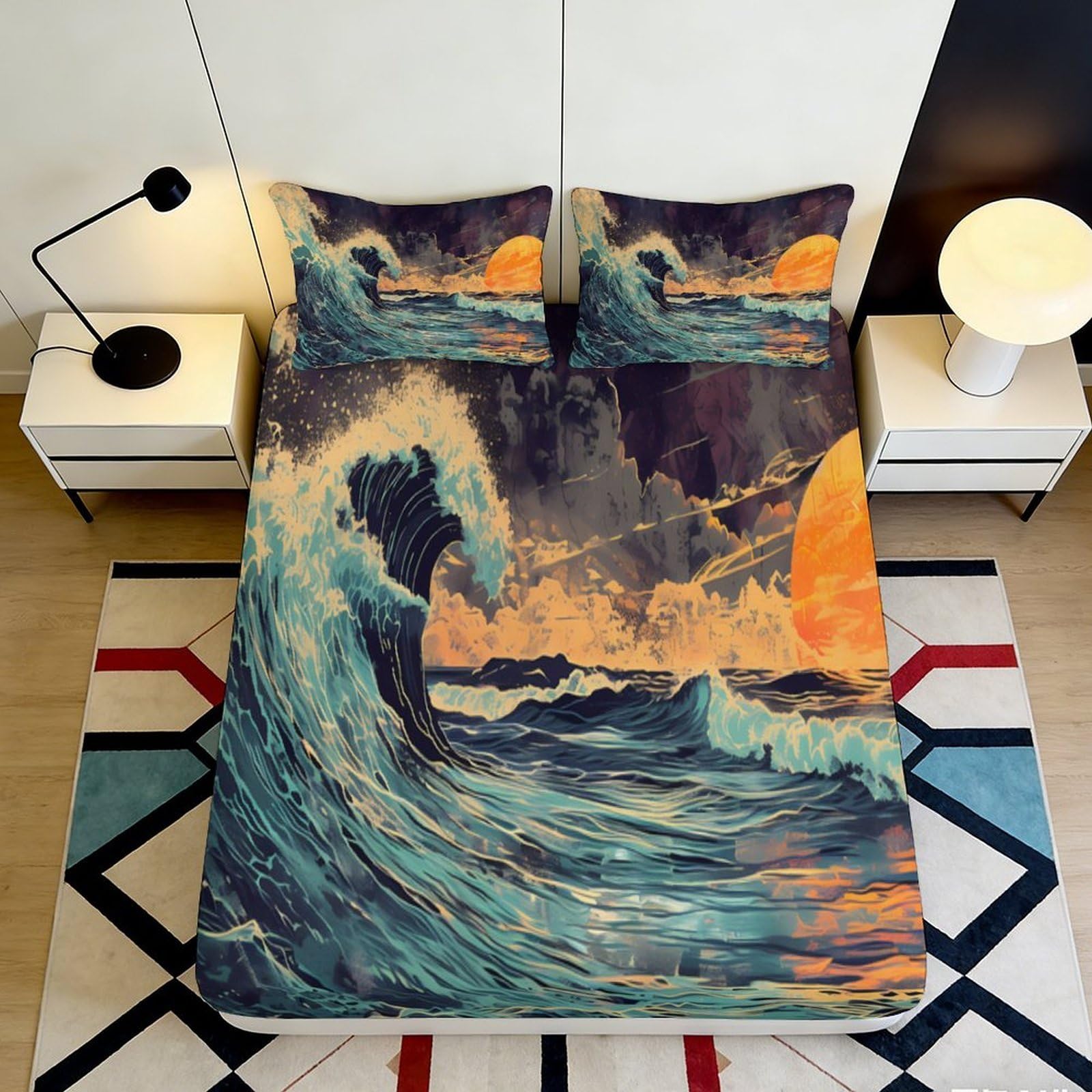 3D Printed Ocean Wave Sunset Fitted Sheet Microfiber Bed Cover Artistic Mattress Protection for Bedroom Guest Room Decor 90x200x25cm