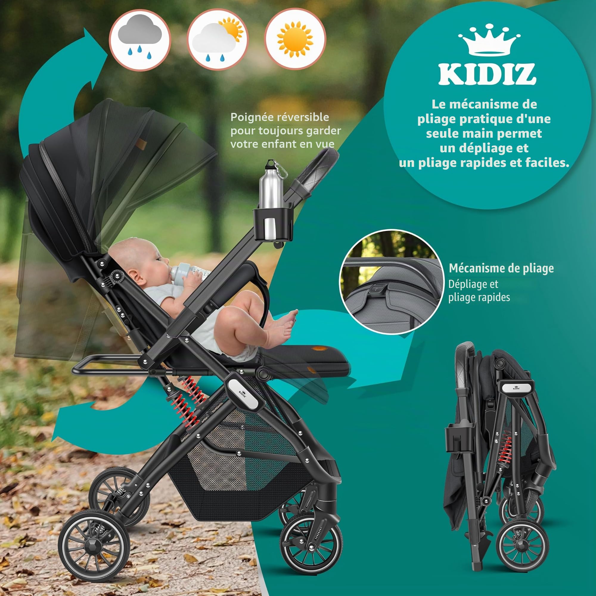 KIDIZ Poussette pliable pour enfant - Roues à 360° - Sangle à 5 points - Avec chancelière - Porte-gobelet, housse de pluie et moustiquaire - Dossier réglable et capote pare-soleil
