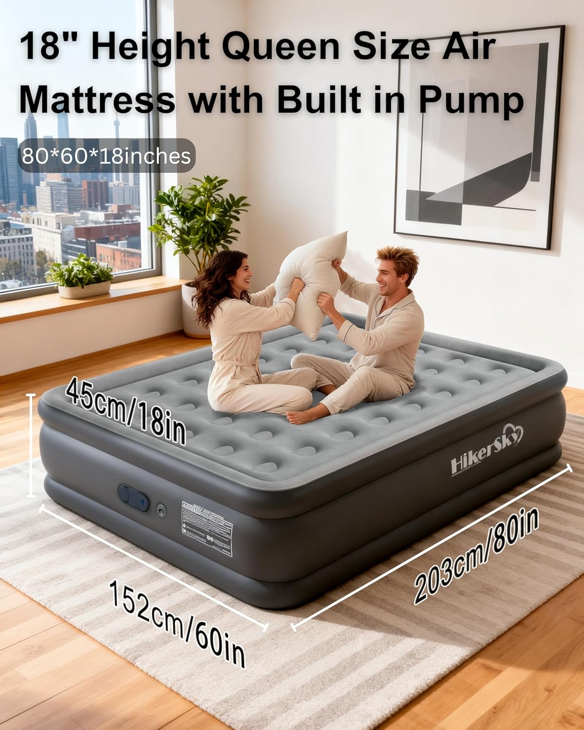 Queen Air Mattress with Built in Pump, Inflatable Mattress for Home, Blow up Air Bed 3 Min Quick Inflation and Deflation, Thin Velvet Top, 18'' Queen Size Gray