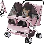 Double Pet Stroller for 2 Small Dogs & Cats, Side-by-Side Twin Travel Carriage with Safety Leashes, Mesh Windows & Double Storage Baskets, Lightweight & Foldable, 44lbs Capacity