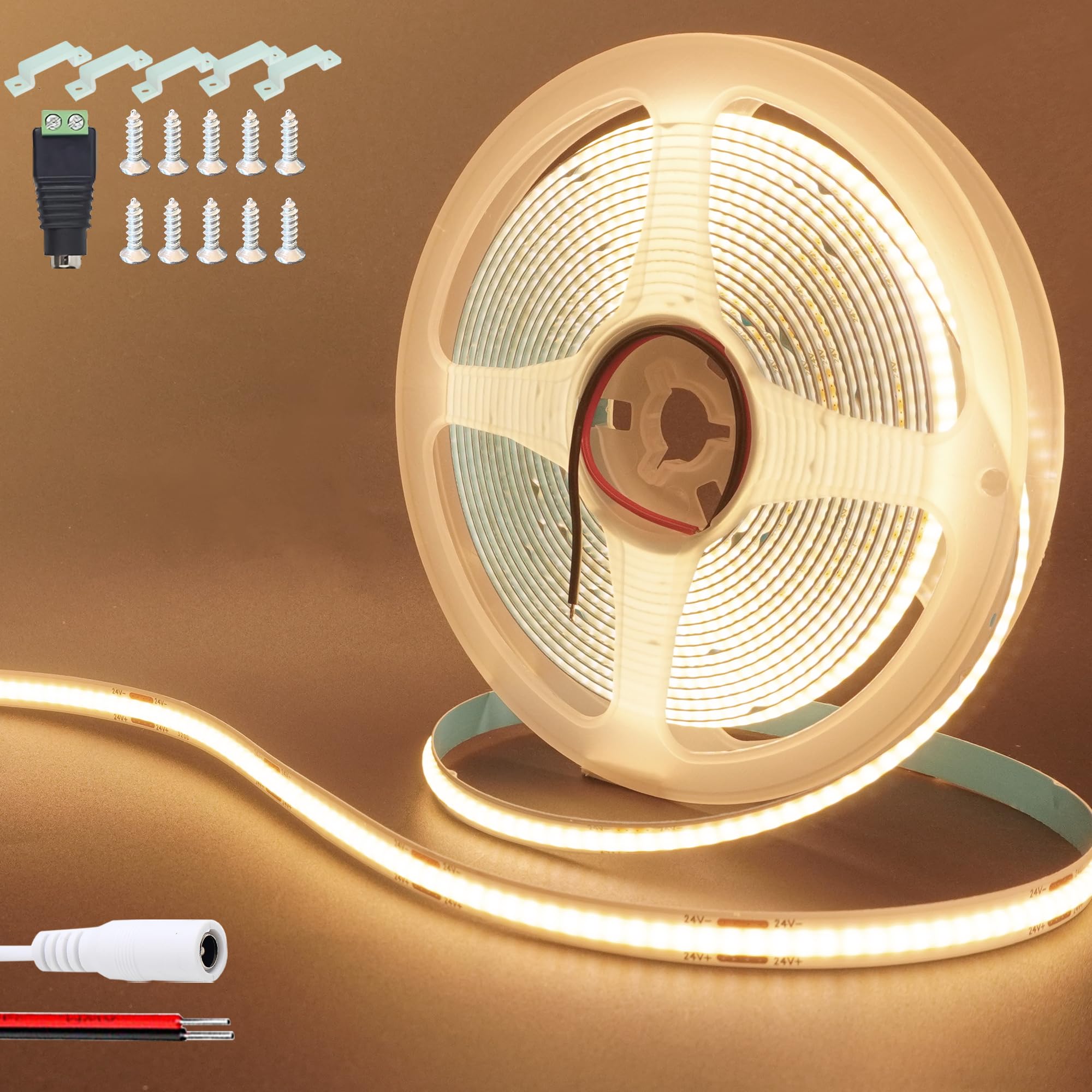 Clearhill 24V COB LED Strip Lights(No Power Supply),16.4FT/5M,Warm White 3000K,320LEDs/M,with 5521DC Female and red and Black Wire Connectors,8mm Width,IP20,for DIY Home Indoor Decoration