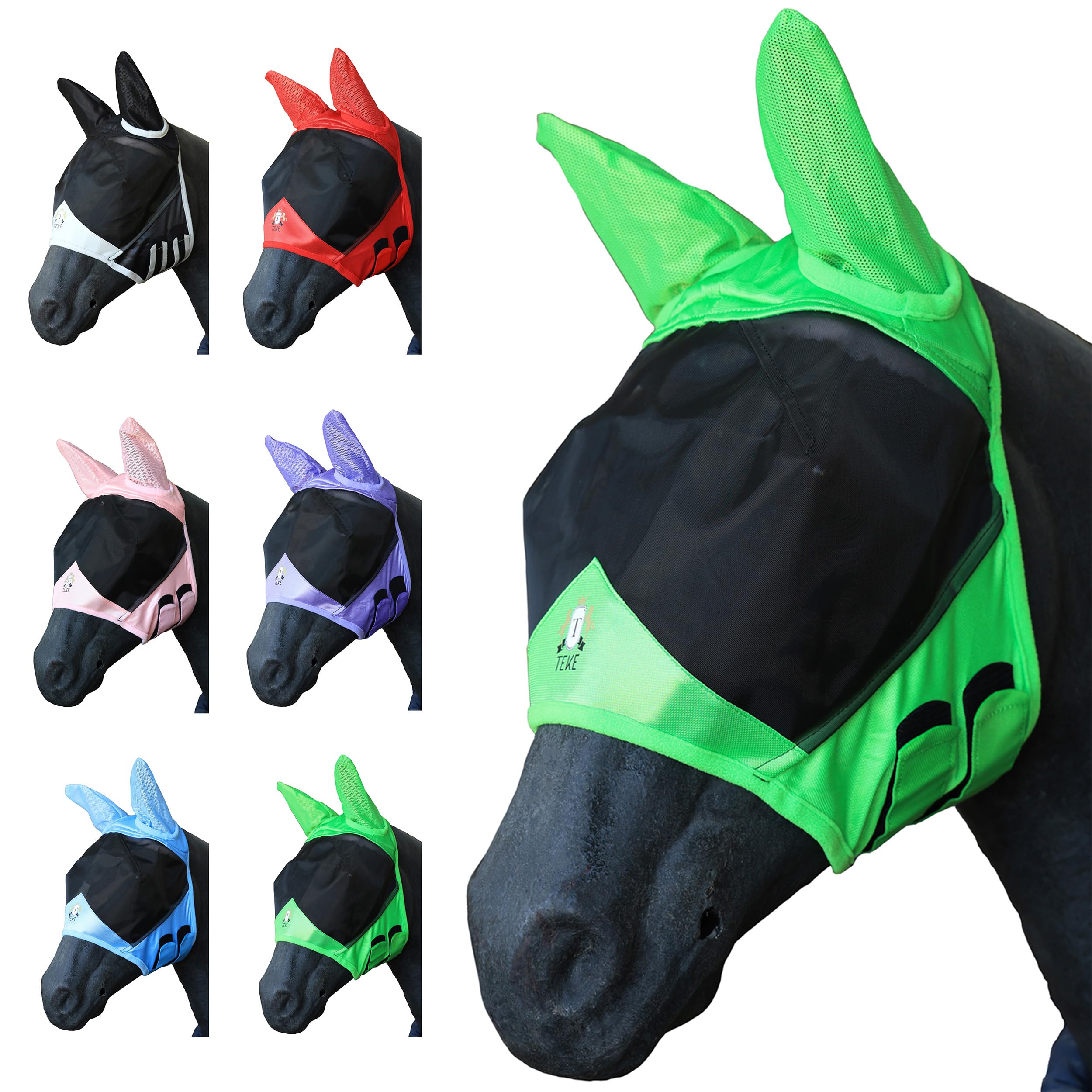 T TEKE Fine Mesh Horse Fly Mask w/Ears, UV Blocking 3D Eye Visor with Extra Fleece Cushioned Forehead, Protection from Insect Pests